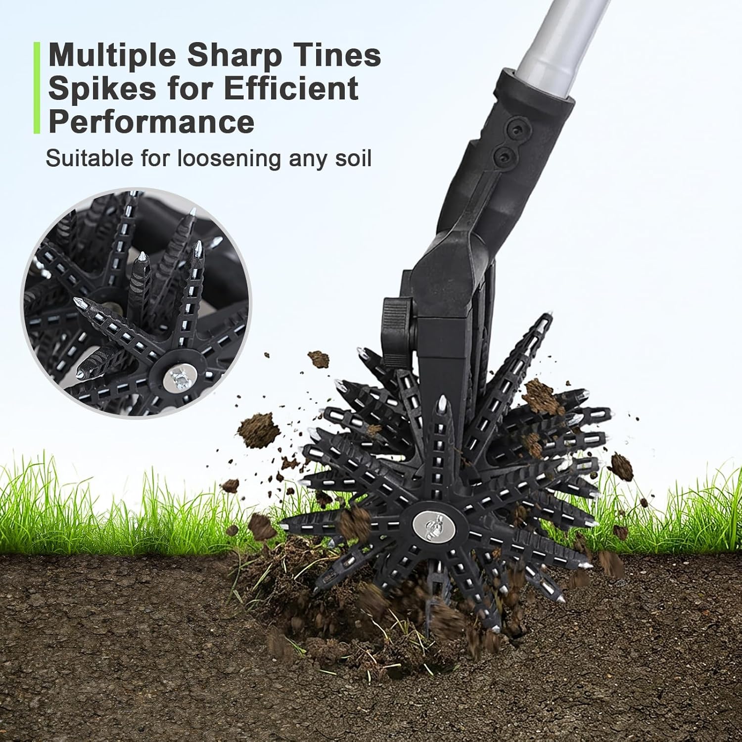 Lightweight Rotary Cultivator Garden Rotary Tiller with Adjustable Steel Poles, Anti-Slip Grip, Hand Tiller for Soil Mixing or Reseeding Grass Lawn Tiller Total Length 69 Inch