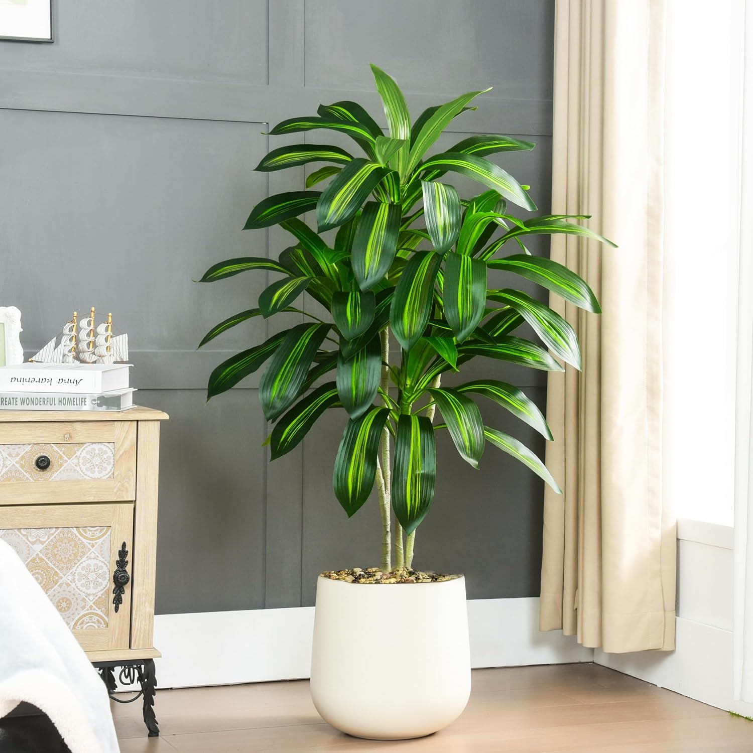 Artifical Dracaena Tree Indoor, 4FT Tall Fake Floor Plants with White Planter & Pebbles, Fuax Silk Yucca Tree for Home Office Living Room Bedroom Farmhouse Modern Outdoor Topiary Tree - Image 8