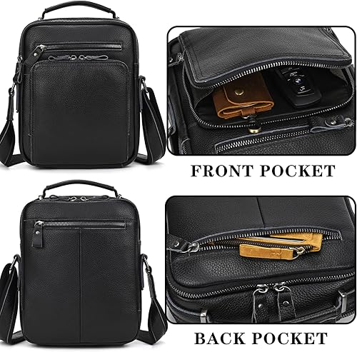 Miniatura 6 de Bolso pequeño de cuero para hombre, bandolera de cuero genuino y bolsa de hombro para hombres, bolsillos con cremallera, bolso de mano para hombre