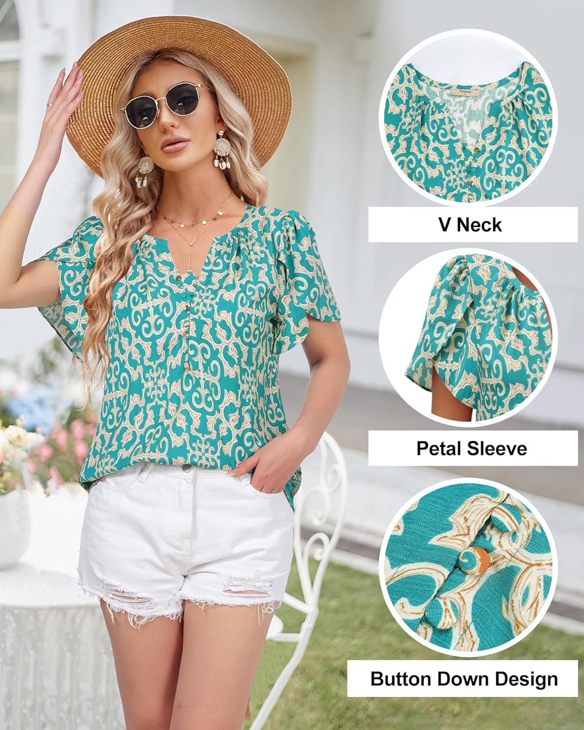Timeson Womens Summer Tops Boho Short Sleeve Business Casual Blouses Button Down Floral Shirts Fashion Beach Vacation Clothes - Image 6