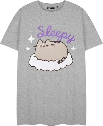 Pusheen Womens Nightdress Grey Short Sleeve Nightwear Design Cute Sleepwear for Women Pajama Set
