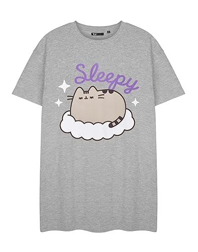 Pusheen Womens Nightwear Grey Short Sleeve Nightdress Design Cute Sleepwear for Women Pajama Set Nightdress - Small