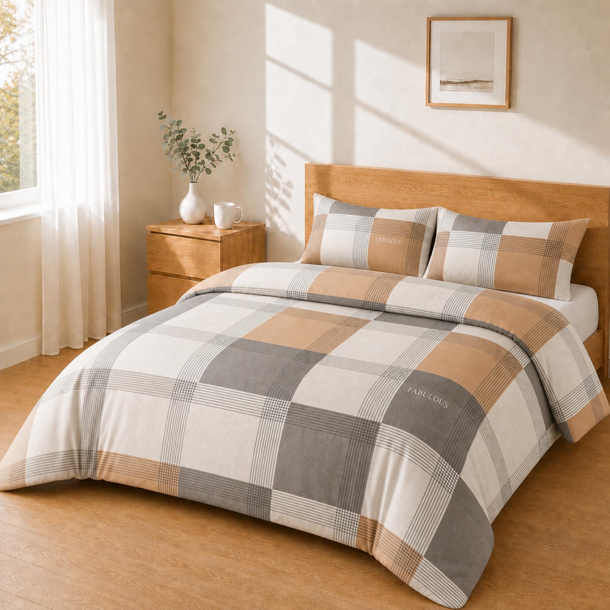 Homebliss Bed Linen 240 x 220 cm + 50 x 80 cm, 2 Pieces, Beige and Taupe Checked