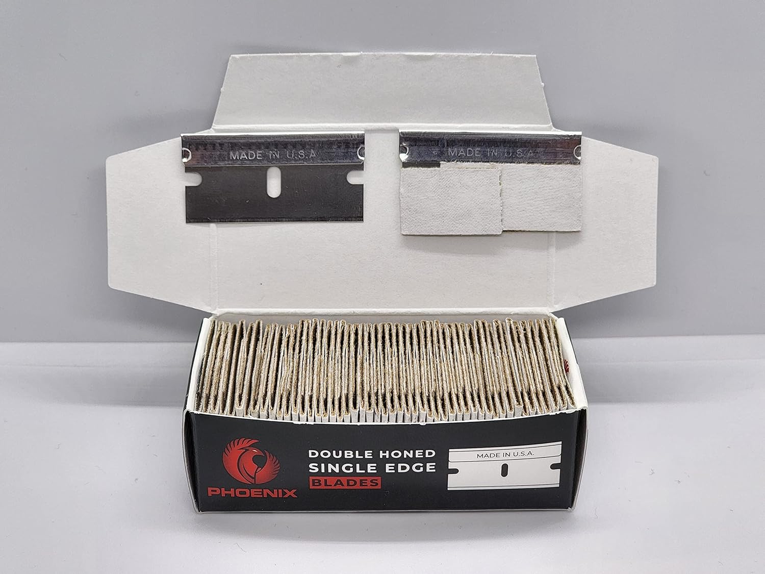 PHOENIX 68-12692 Box of 50 Heavy Duty Single Edge Razor Blades - (#9 High Carbon Steel Blade, Steel Backing) Made In USA, Box Cutter Blades