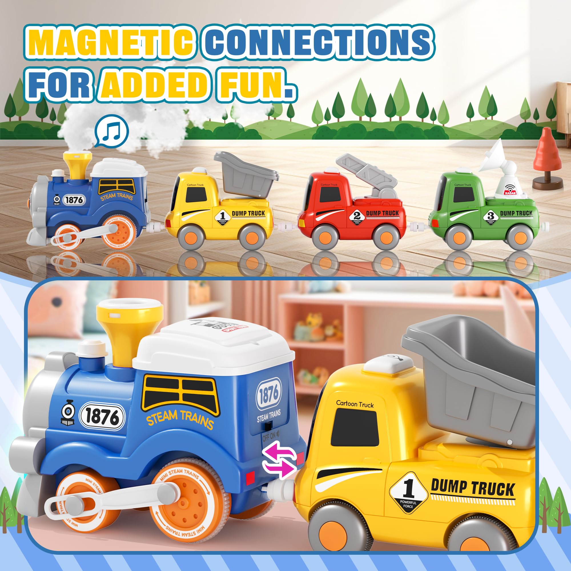 MORECOLL Ensemble de train pour tout-petits avec vapeur, musique et lumières – Train Choo Choo pour tout-petits, ensemble de train électrique pour enfants, jouets de train magnétiques, cadeaux de Noël