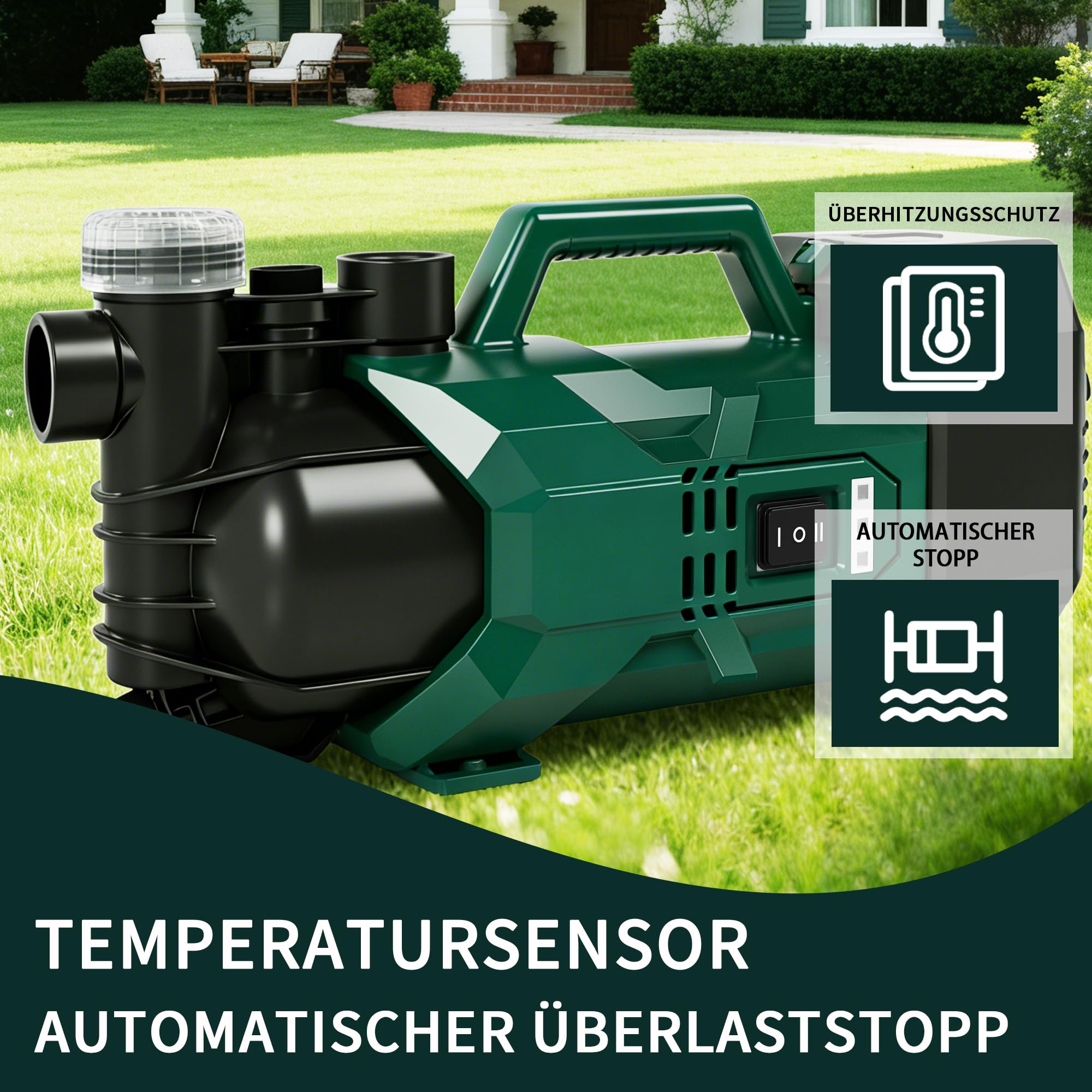 LANCHEZ Akku Gartenpumpe 2800 L/H, 18V 2000 mAh Akku, Max. Förderhöhe 22 m, ECO-/ Boost-Modus, Überlastschutz, Tragbare Akku Wasserpumpe für Regenfässer, Zisternen, Gartenteiche