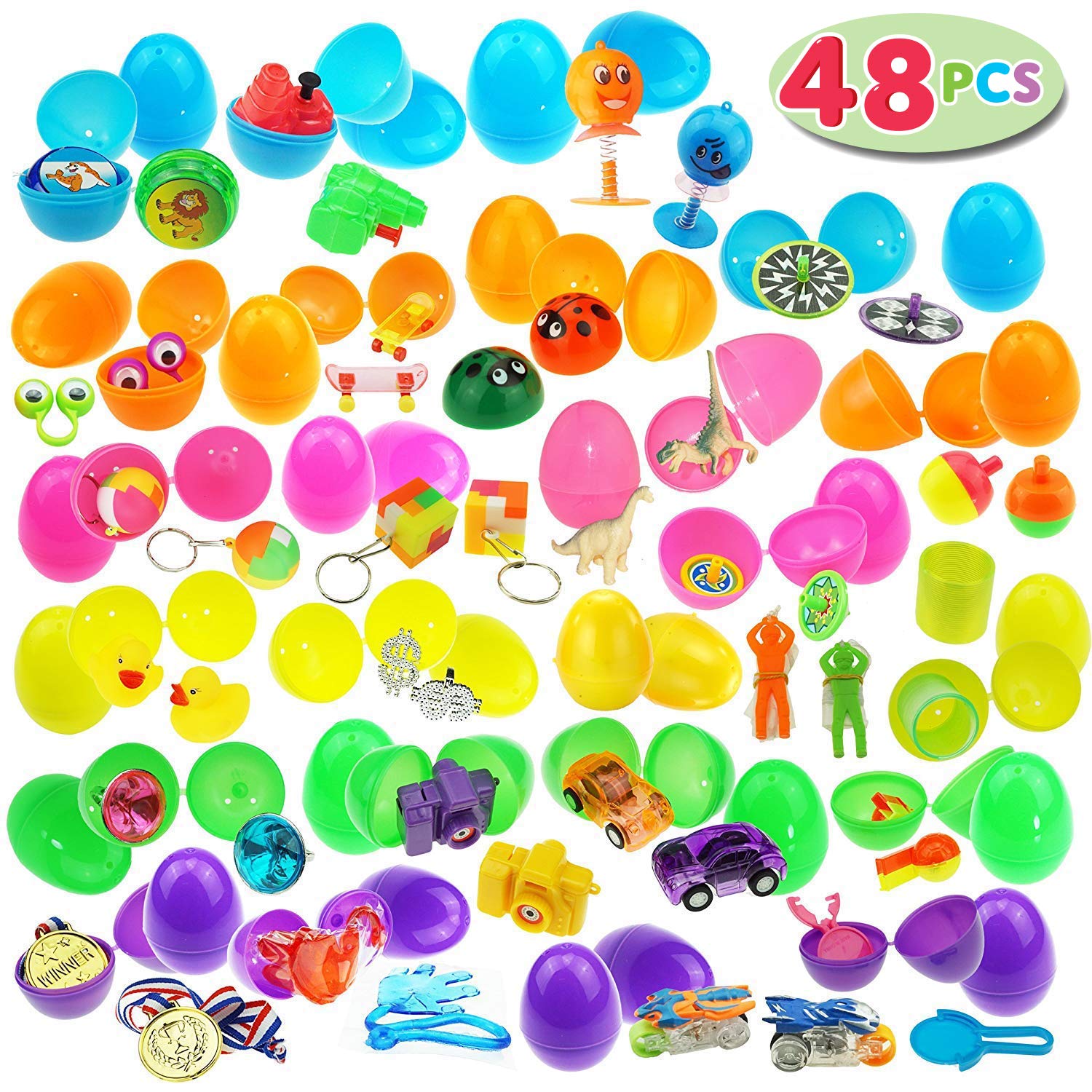 JOYIN48 Toys Filled Easter Eggs, 2.5 Inches Bright Colorful Prefilled Plastic Easter Eggs with 24 Kinds of Popular Toys