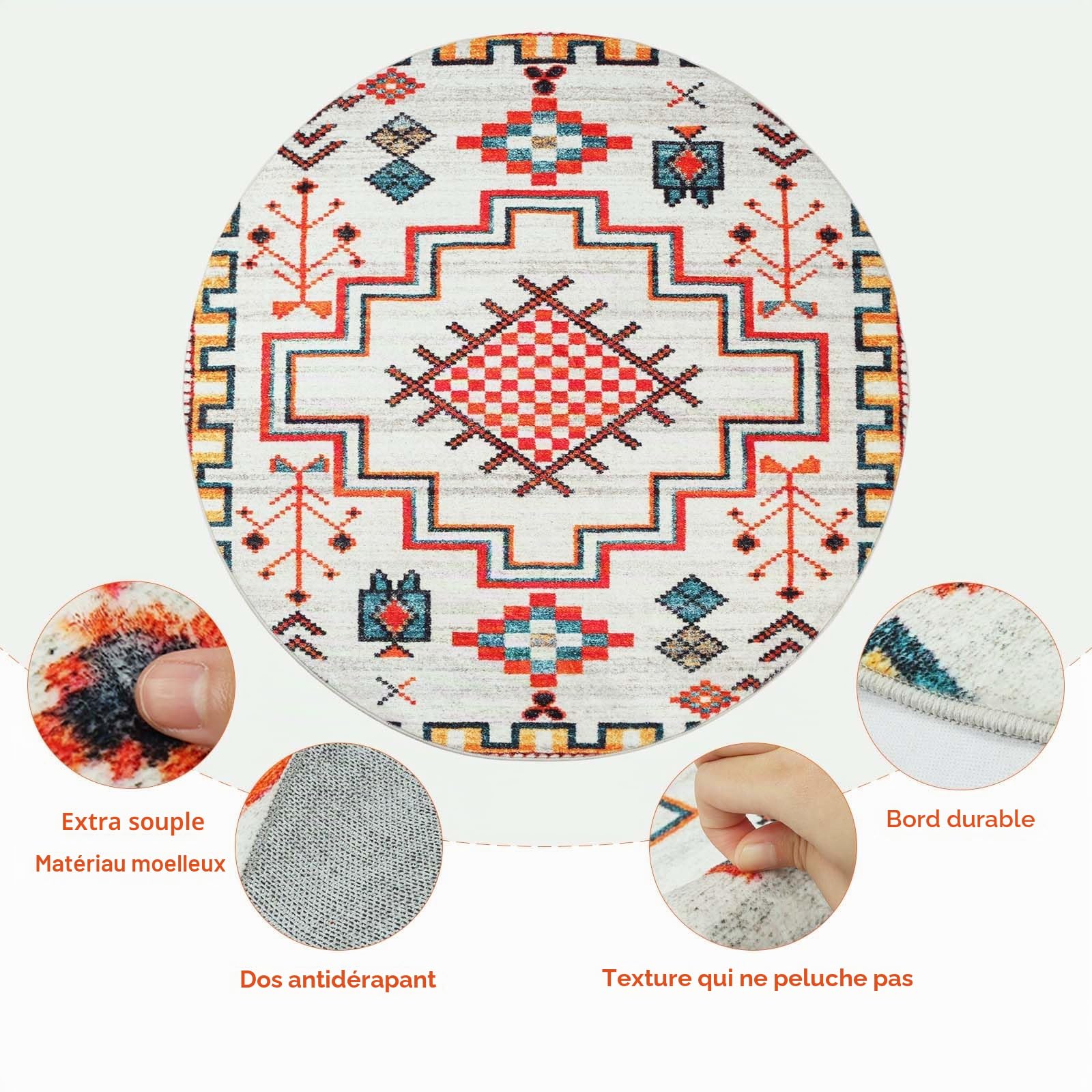 Betadistor Grand tapis rond lavable de 120 cm – Tapis rond bohème antidérapant et résistant aux abris de jardin 405-07120