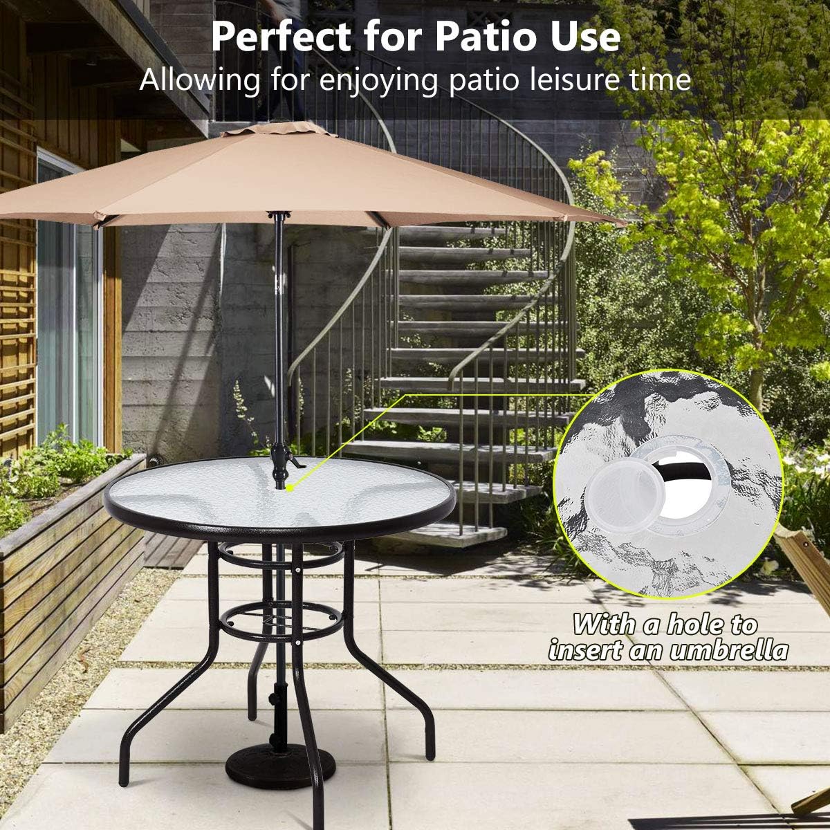 Tangkula 32-Inch Round Patio Dining Table with Tempered Glass Top, Metal Frame Outdoor Bistro Table with Umbrella Hole, Outside Table for Garden Poolside Balcony Yard