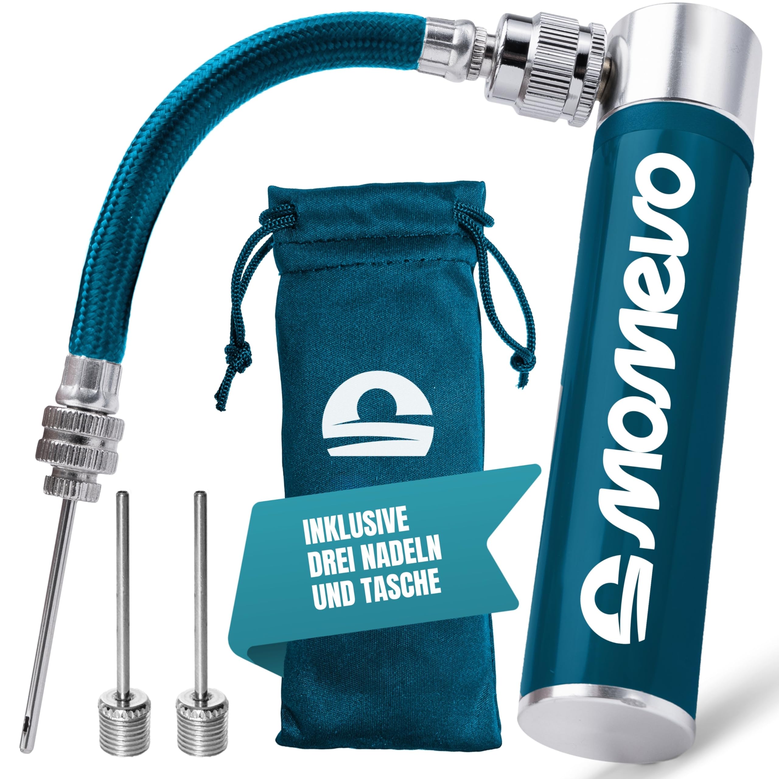 Momevo PocketAir - Mini Ballpumpe mit flexiblem Schlauch für alle Bälle - klein, plastikfrei aus Aluminium - Ballpumpe für Fußball, Basketball, Volleyball (Petrolblau)