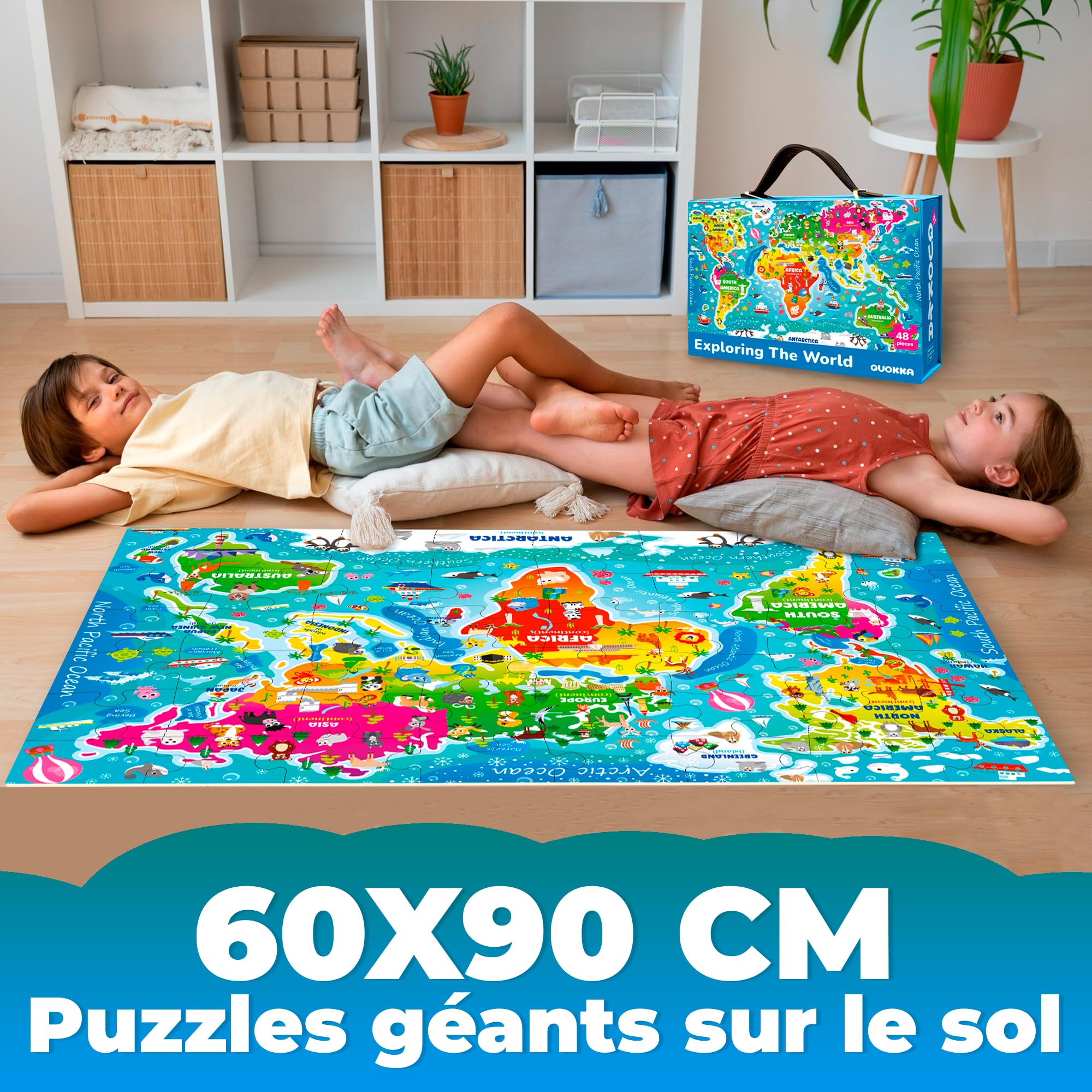 QUOKKA Grand Puzzle Enfant 3 4 5 Ans - 60x90 cm 48 Pièces Puzzle Géants de Sol pour Enfants 5 6 Ans - Grand Jouet avec Carte du Monde - Educatif Cadeau Garçons et Filles