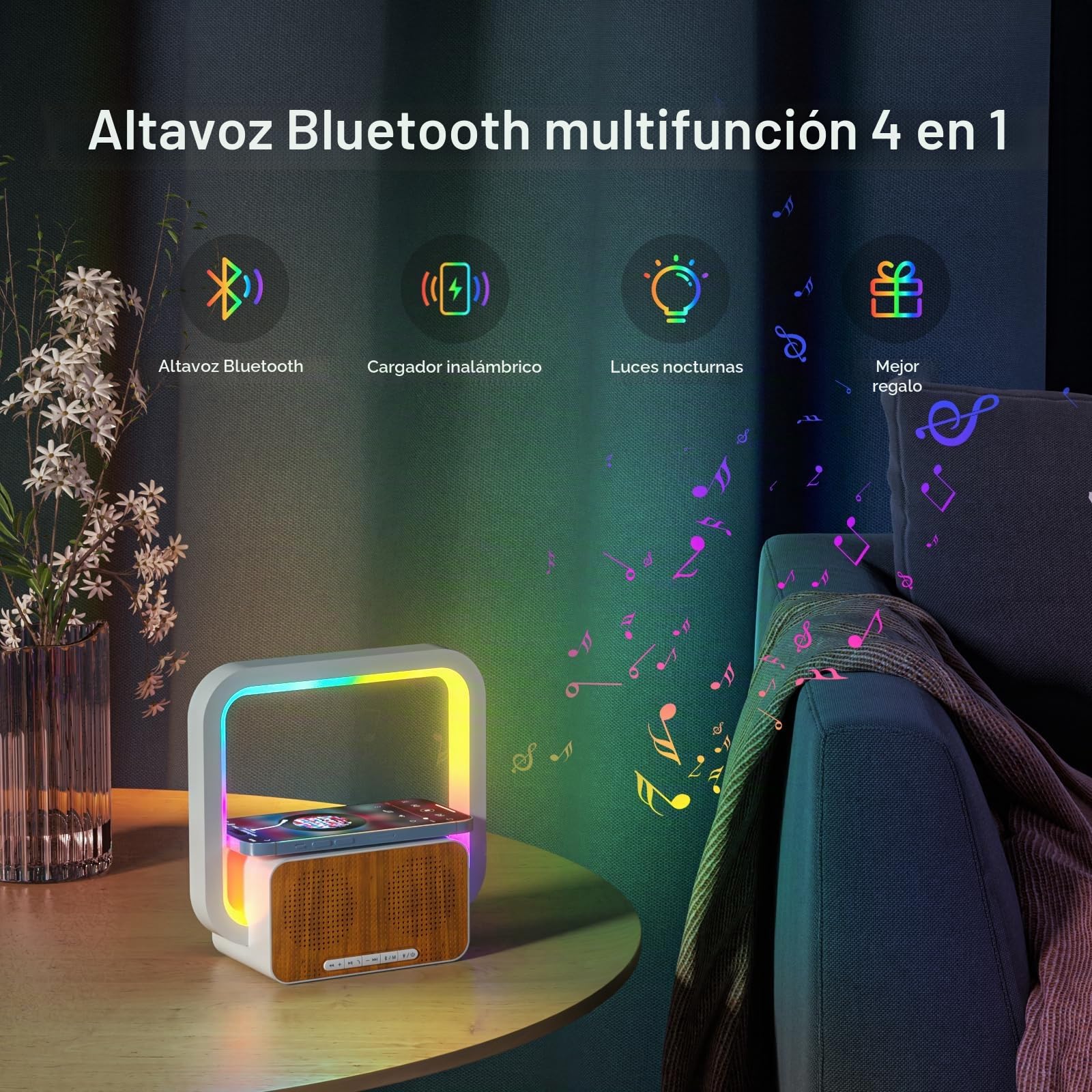 Altavoz Bluetooth con Luz Nocturna y 15W Cargador Inalámbrico, lamparas de mesita de Noche con Control táctil y 5 Modos de iluminación RGB (Beige)