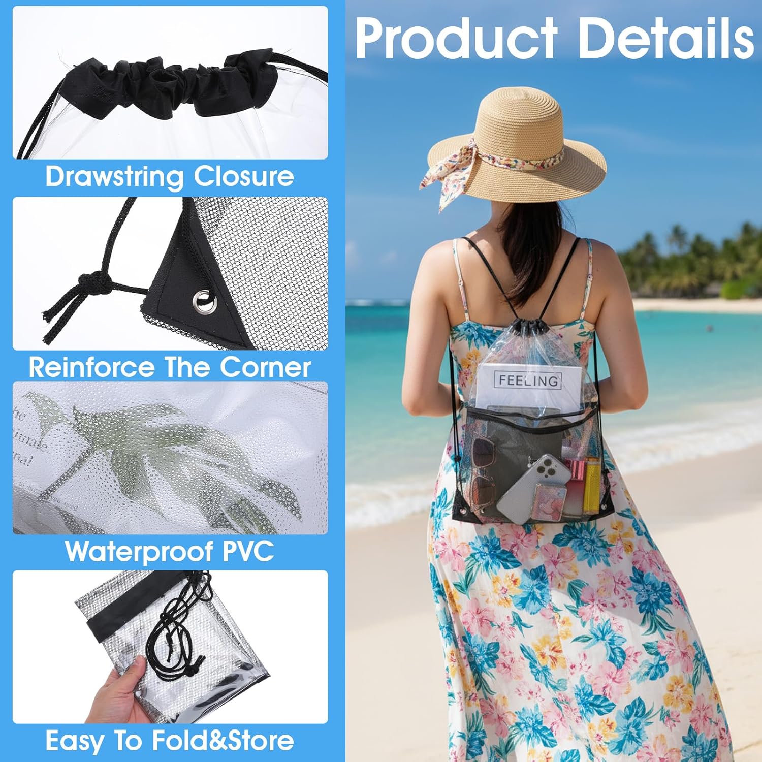 TIESOME 2 PACK Clear Drawstring Bag Stadium Approved, See Through PVC Drawstring bags Transparent Backpack with Zipper Pocket - Image 5