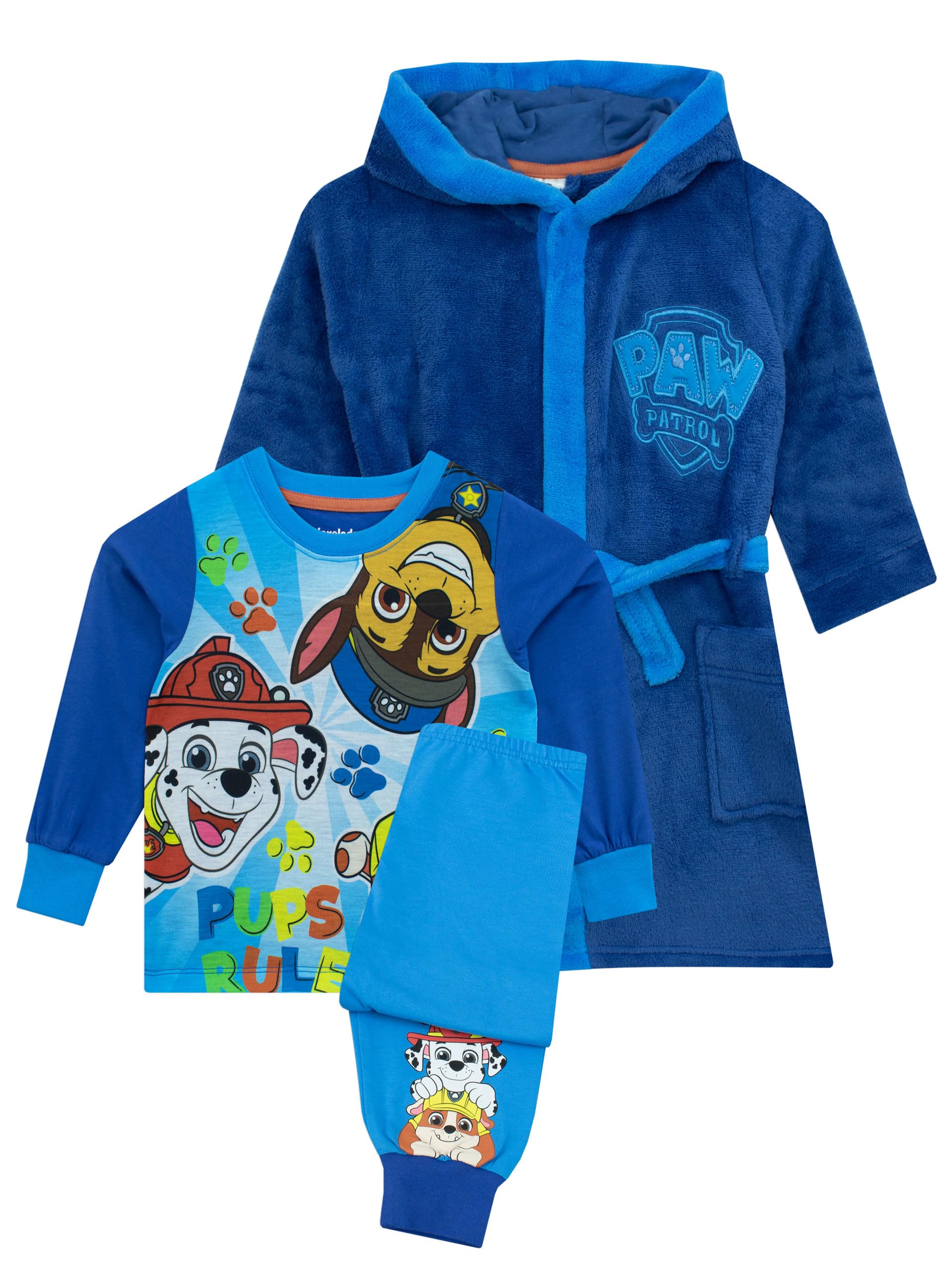 Paw Patrol Boys Blue Dressing Gown And Pyjamas For Kids | Chase, Rubble And Marshall Hooded Dressing Gown And Pyjamas For | 5-6 Years