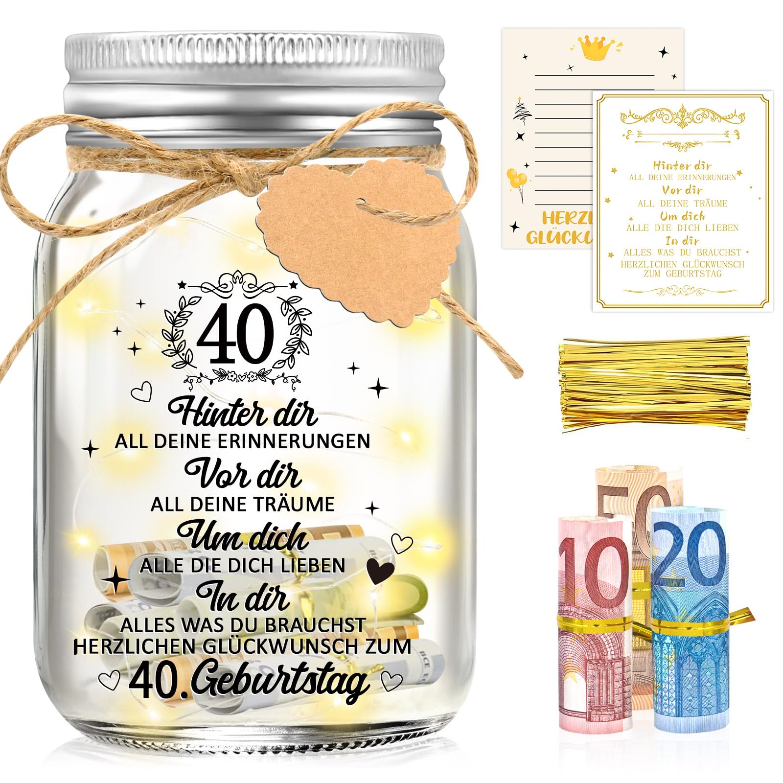 Shining She 40 Geburtstag Frauen Männer, LED Flaschenlicht Geldgeschenke Geburtstag 40, Lustige Geschenk 40 Geburtstag Frau Mann Geldgeschenke Verpackung Leuchtflasche Geschenkideen Deko