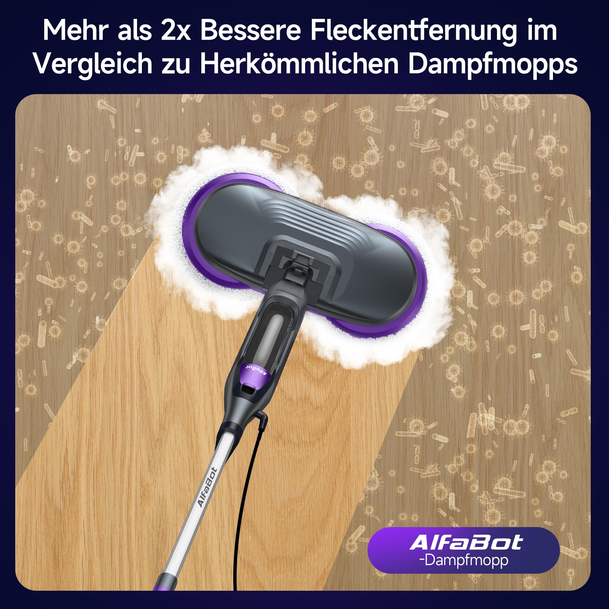 AlfaBot F2 Dampfreiniger – Dampfbesen mit 99,9%iger Desinfektion von Keimen und Bakterien, Dampf in 20s bereit, 450 ml, für alle Arten von Hartböden, ohne Verwendung von Reinigungsmitteln