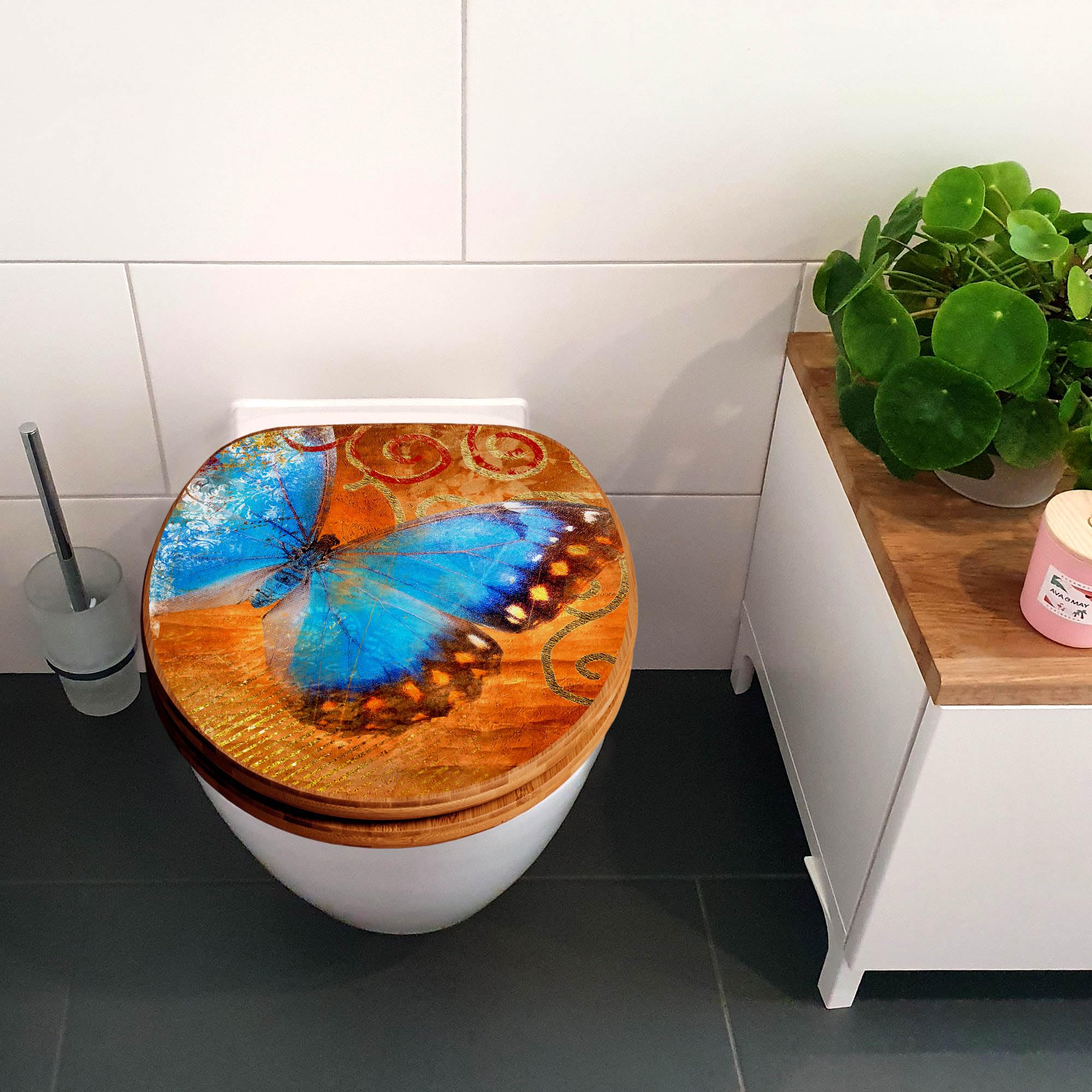 banjado Design WC Sitz Bambus Absenkautomatik 45,8x37,5cm - Toilettendeckel mit Absenkautomatik Holz - hochwertiger Bambus Klodeckel - WC-Sitz für gängigen Toiletten - Motiv Schmetterling