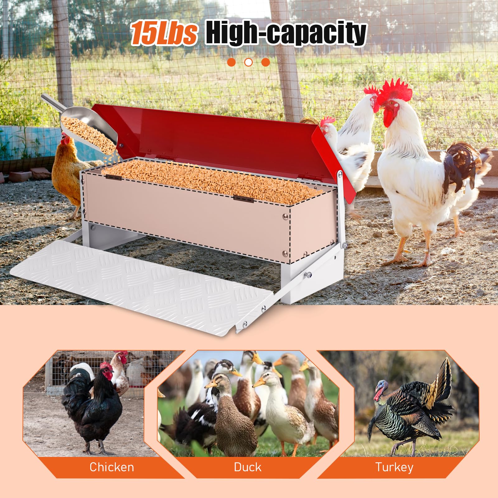 Comedero automático para pollos, 7 kg, comedero de metal para aves de corral con cuchara de acero inoxidable para exteriores, sin residuos, con tapa resistente a la intemperie para 6-12 pollos