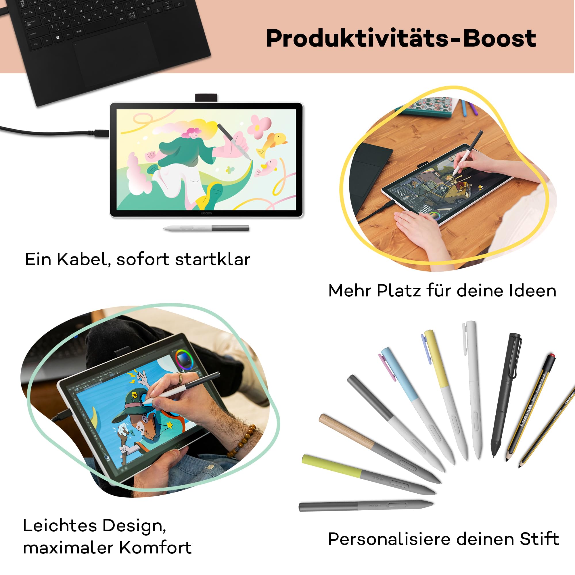 Wacom One 14 Grafiktablett mit Display – 14,0″ Full HD Zeichentablett mit Stift ohne Batterie, entspiegeltem Bildschirm, Software-Bundle – kompatibel mit Windows, macOS & ChromeOS