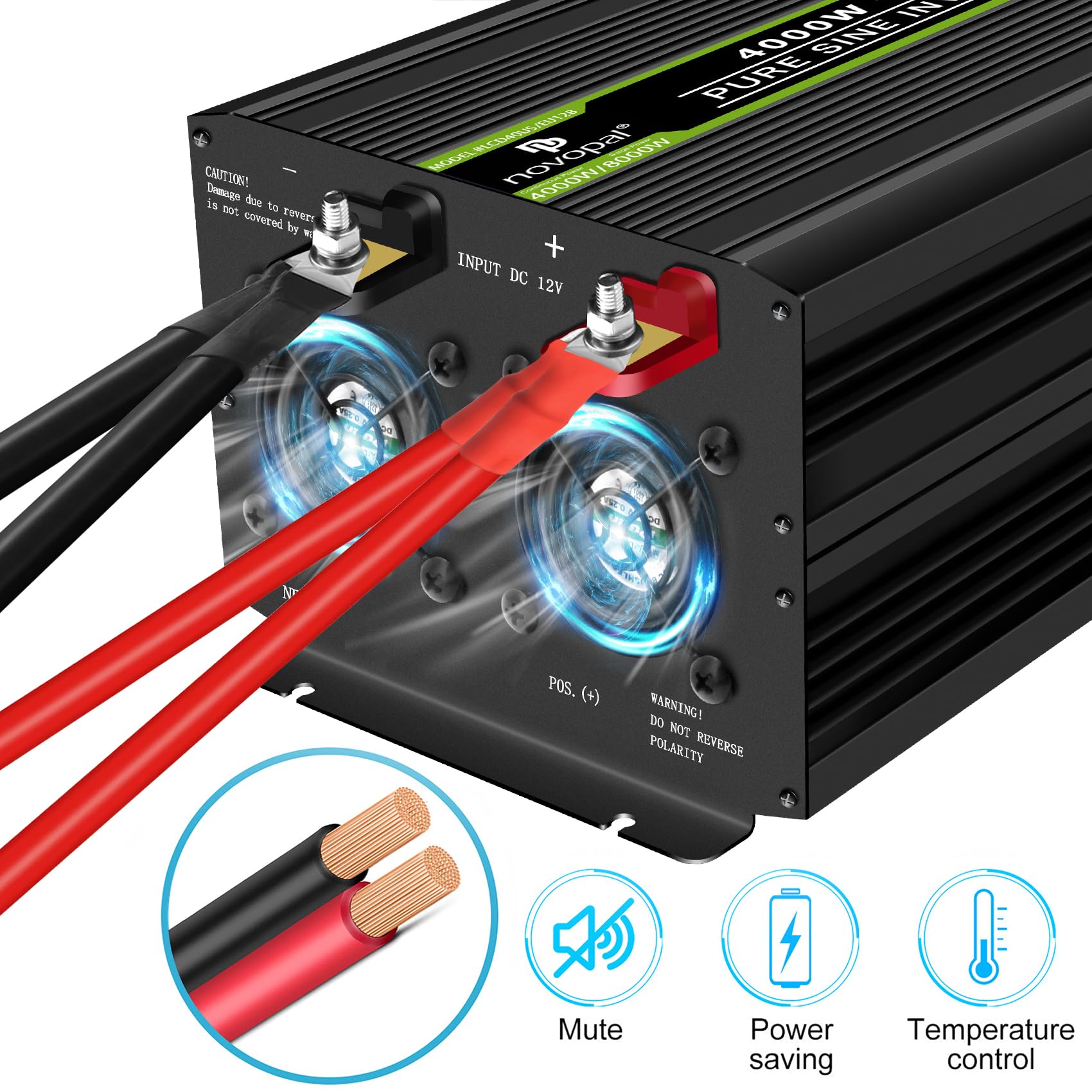 NOVOPAL Inversor 12v 220v Onda Pura 4000W/8000W Convertidor | 5M Mando a Distancia, USB+LCD Display para Coche, Caravana, Barco