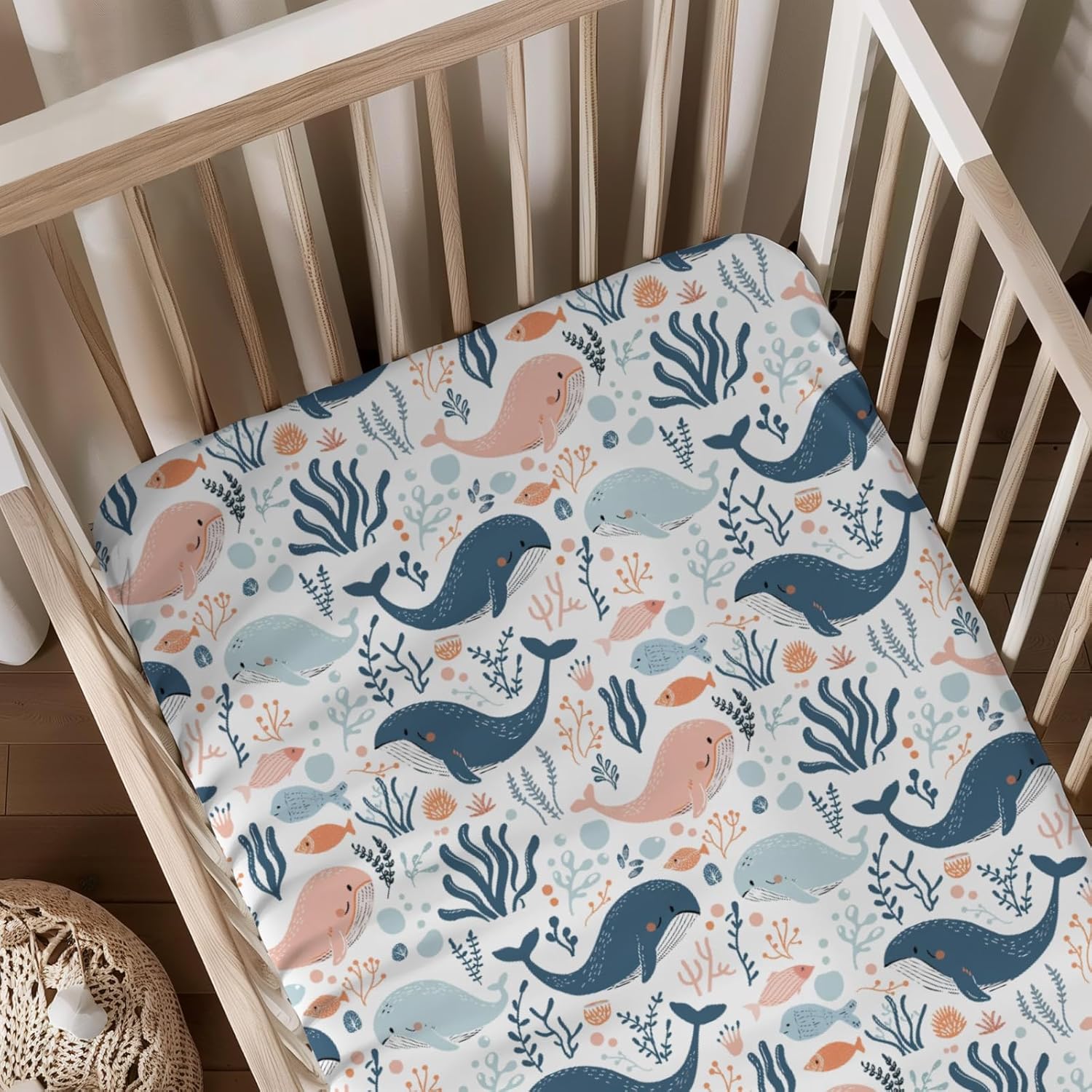 Cute Ocean Whale Pattern Baby Crib Sheets, Unisex Sea Animals Fishes Nursery Fitted Bed Sheet for Boys Girls Standard Crib and Toddler Mattress-28x52