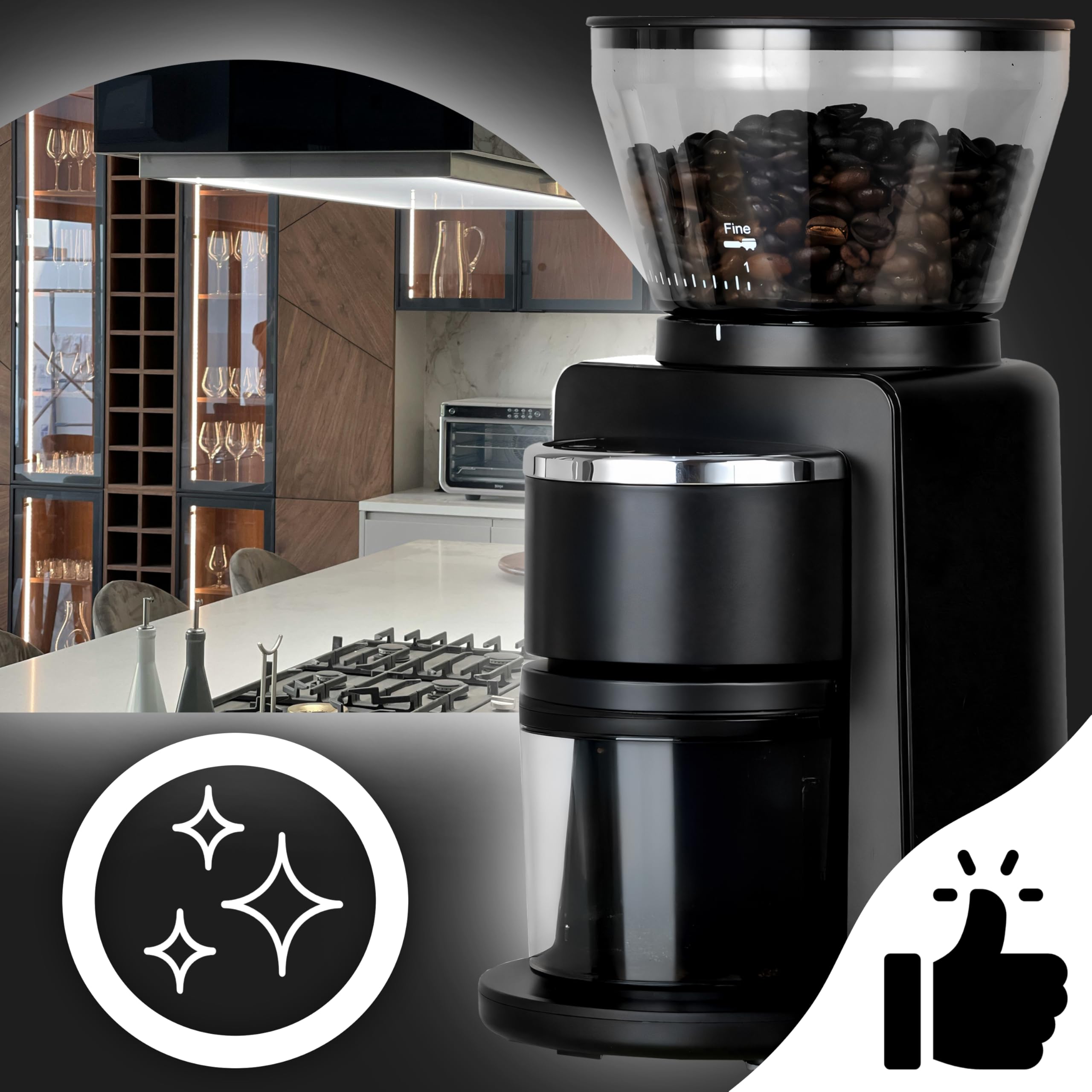 Retoo Elektrisch Kaffeemühle mit 52 Mahlgrad und Digitalanzeige, 110g Kaffeebohnenbehälter 180 Watt 500 U/min Scheibenmahlwerk für Kaffeebohnen Coffee Grinder, Kunststoff Edelstahl Schwarz