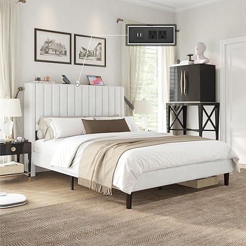 Miniatura 3 de VanAcc Base de cama tamaño Queen, plataforma tapizada de terciopelo con cabecera capitoné de canal, base de colchón con listones de madera, no
