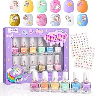 Tomons Nail Polish Set for Kids , 12 Colors Non-Toxic Water-Based Quick-Dry & Peel-Off DIY Nail Art Kit for Girls Ages 6+, Gifts for Halloween, Christmas, Birthday or Parties