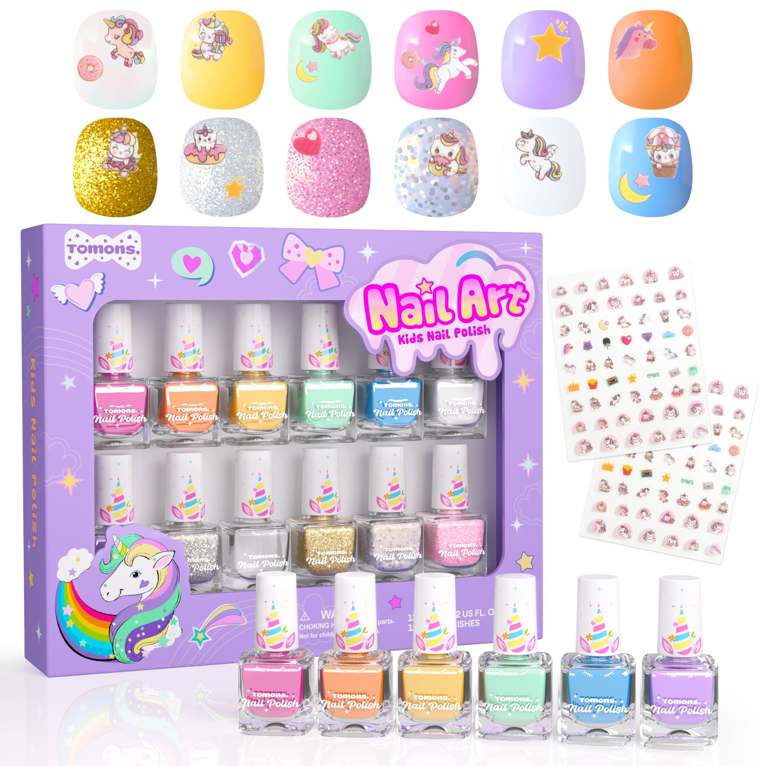 Tomons 12 color water-based peel-off nail polish set for kids with glow in the dark stickers — pastel bottles lined up