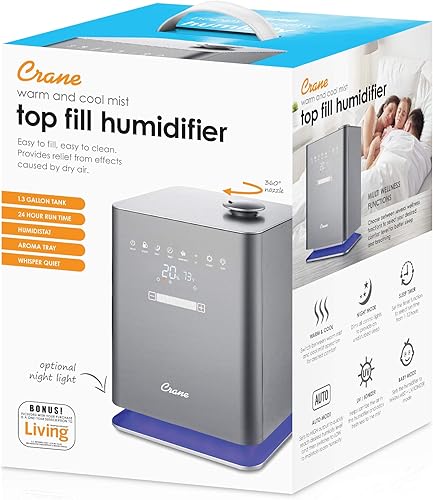 Miniatura 4 de Crane Humidificador de llenado superior de niebla cálida y fría con control remoto, 1.2 galones, cobertura de 500 pies cuadrados, luz ionizante UV,