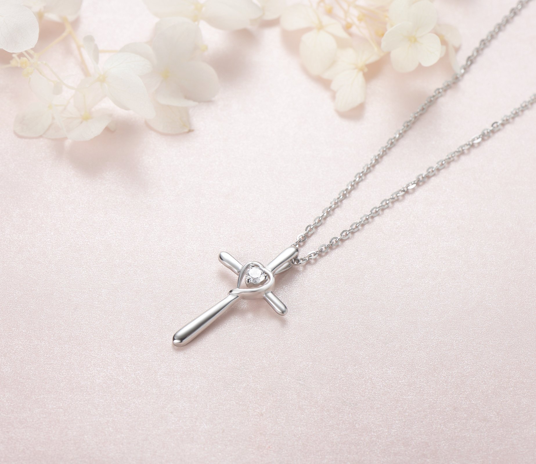Collar con Colgante de Cruz Cristiana Corazón para Mujer de Plata de Ley 925 y Piedras Preciosas Zirconia - Longitud Cadena: 40 + 5 cm