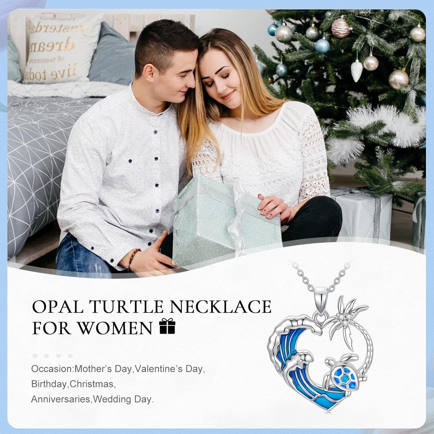 925 Sterling Silver Blue Opal Turtle Necklace for Women Palm Tree Pendant Necklace with Genuine Diamond Ocean Wave Jewelry for Her - Image 6