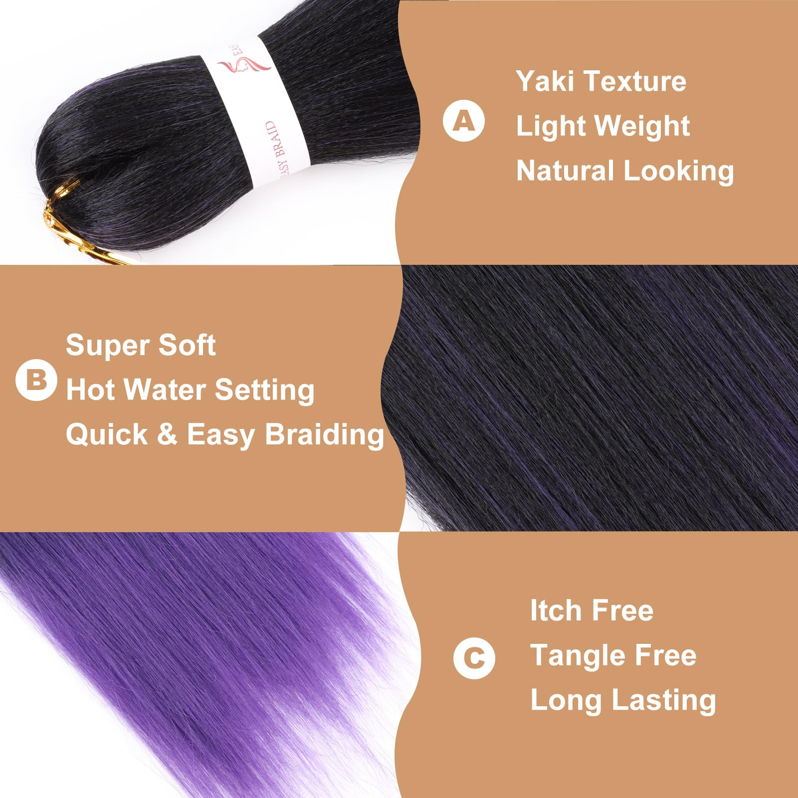 Extensiones de cabello trenzado preestirado de color negro a morado degradado, 26 pulgadas, 3 paquetes de cabello trenzado preestirado EZ trenzado, extensiones de cabello sintético para trenzas de