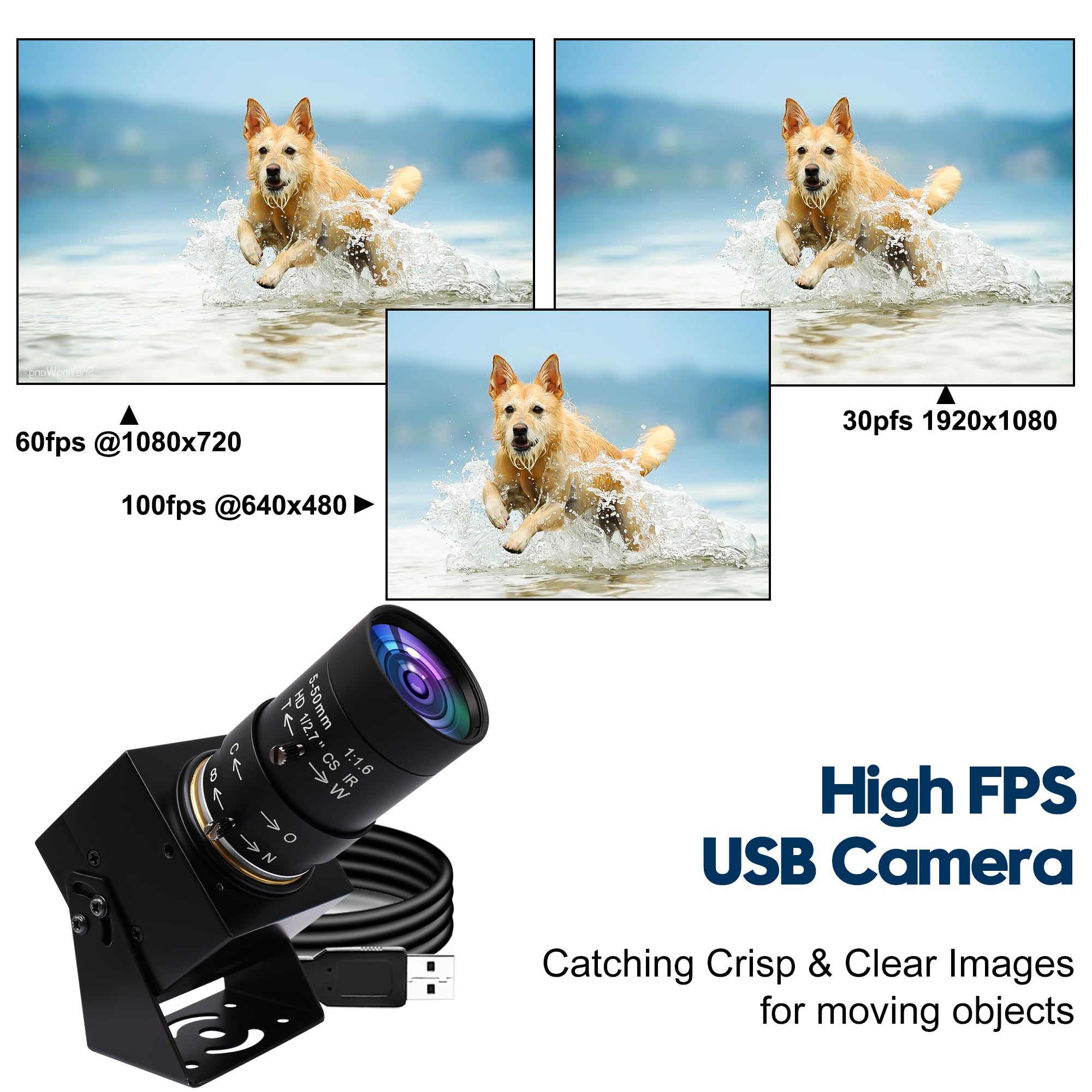 SVPRO Webcam USB 1080P con teleobiettivo 5-50mm, fotocamera Full HD 100fps/60fps/30fps per Windows/Mac/Linux/Android