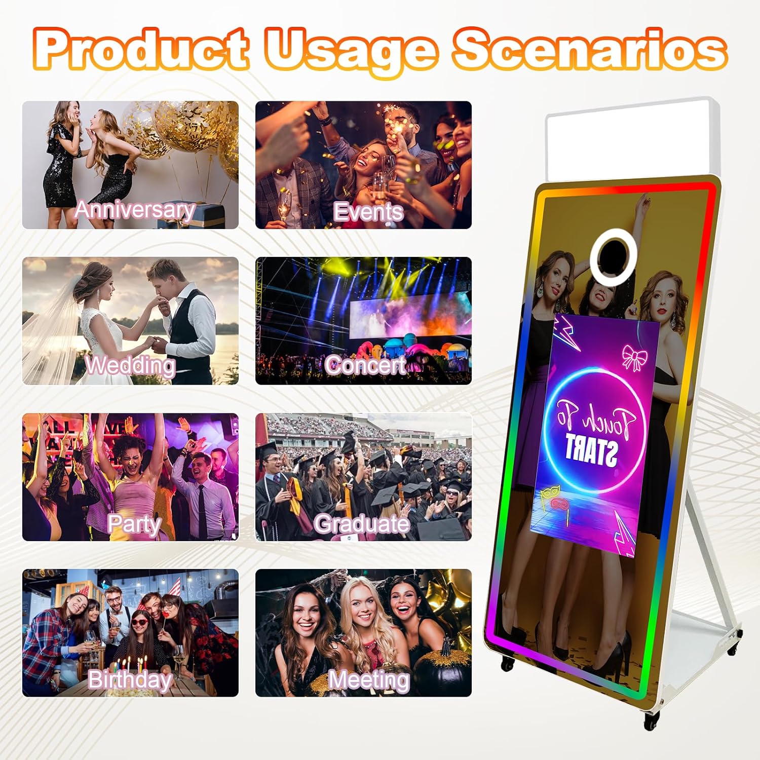 65 Inch Magic Mirror Photo Booth with 32'' Interactive Touch Screen, RGB Square Light, Mini PC and Flight Case for Wedding Party Event Rental (White, Photo Booth+Printer)