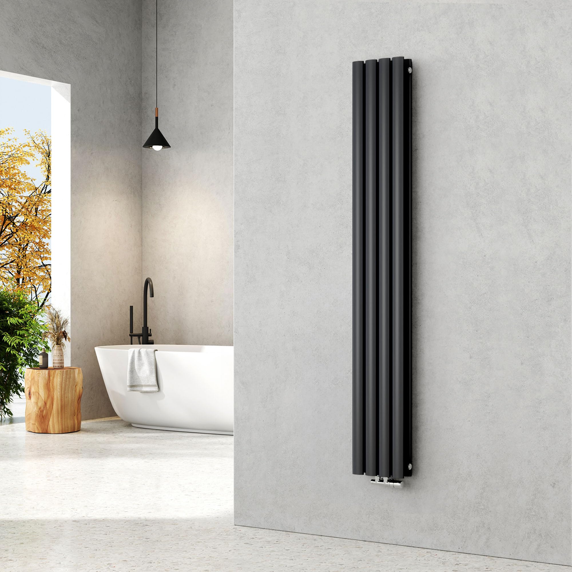 EMKE Ovaler Design Heizkörper 1600x240mm, Schmal Hoch Röhrenheizkörper mit Mittelanschluss Doppellagig Heizung Anthrazit 775 Watt