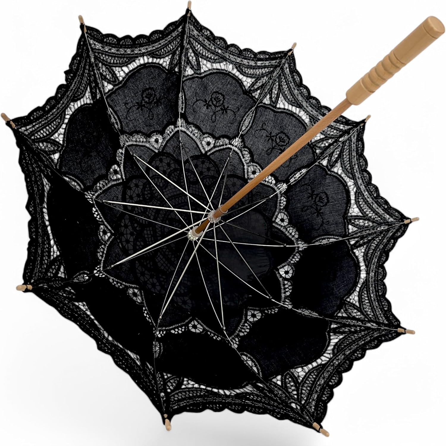 Black Lace Hand Sewn Parasol With Wood Handle