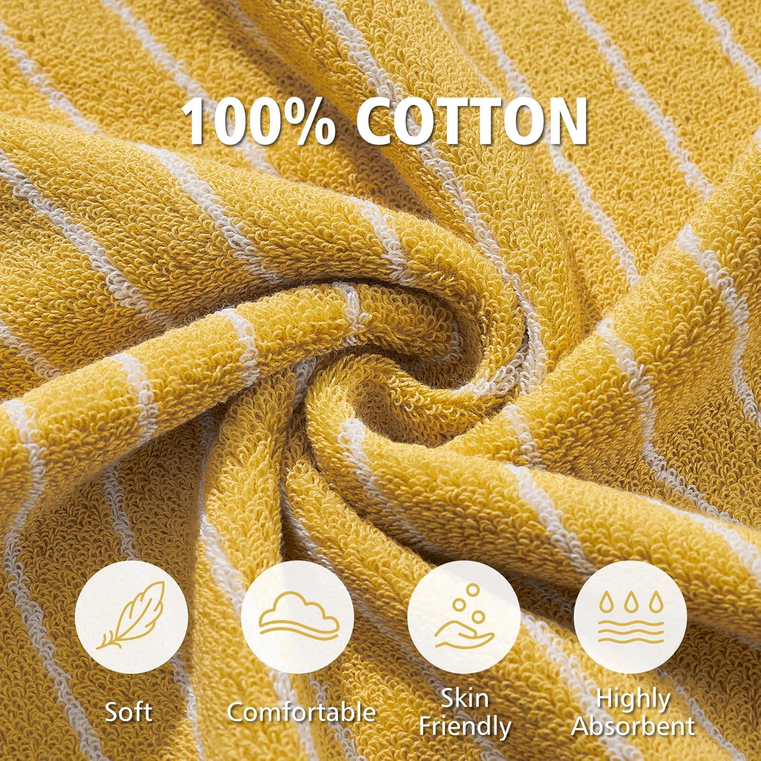HEAVYWOOD Hand Towels Set of 4 Striped 100% Cotton Reversible, Soft & Absorbent Decorative Hand Towel for Bathroom Clearance (Yellow/White Stripe, 4Pack)