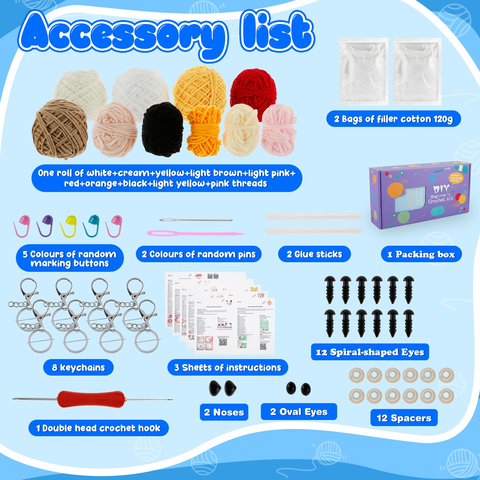 Alongen 8Pcs Beginners Crochet Kit, Complete Crochet Knitting Kit Cute Animal Crochet Starter Pack,Include Yarn, Eyes - Image 2