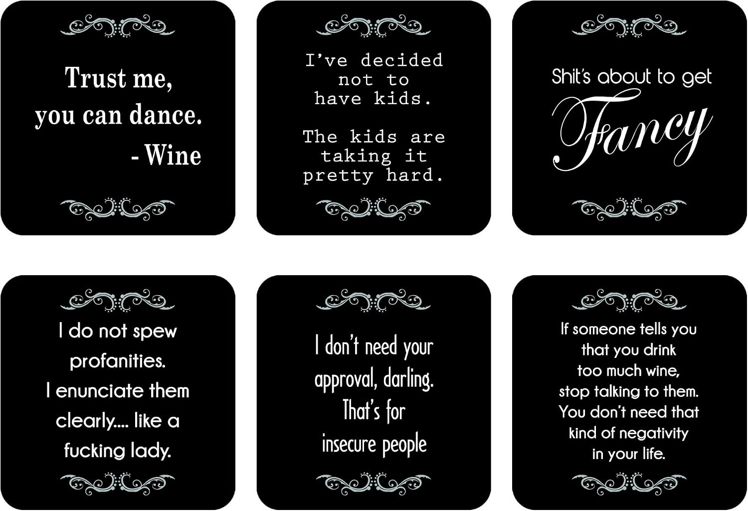 Lavley Funny Novelty Drink Coasters - Gift Set of 6 - Black