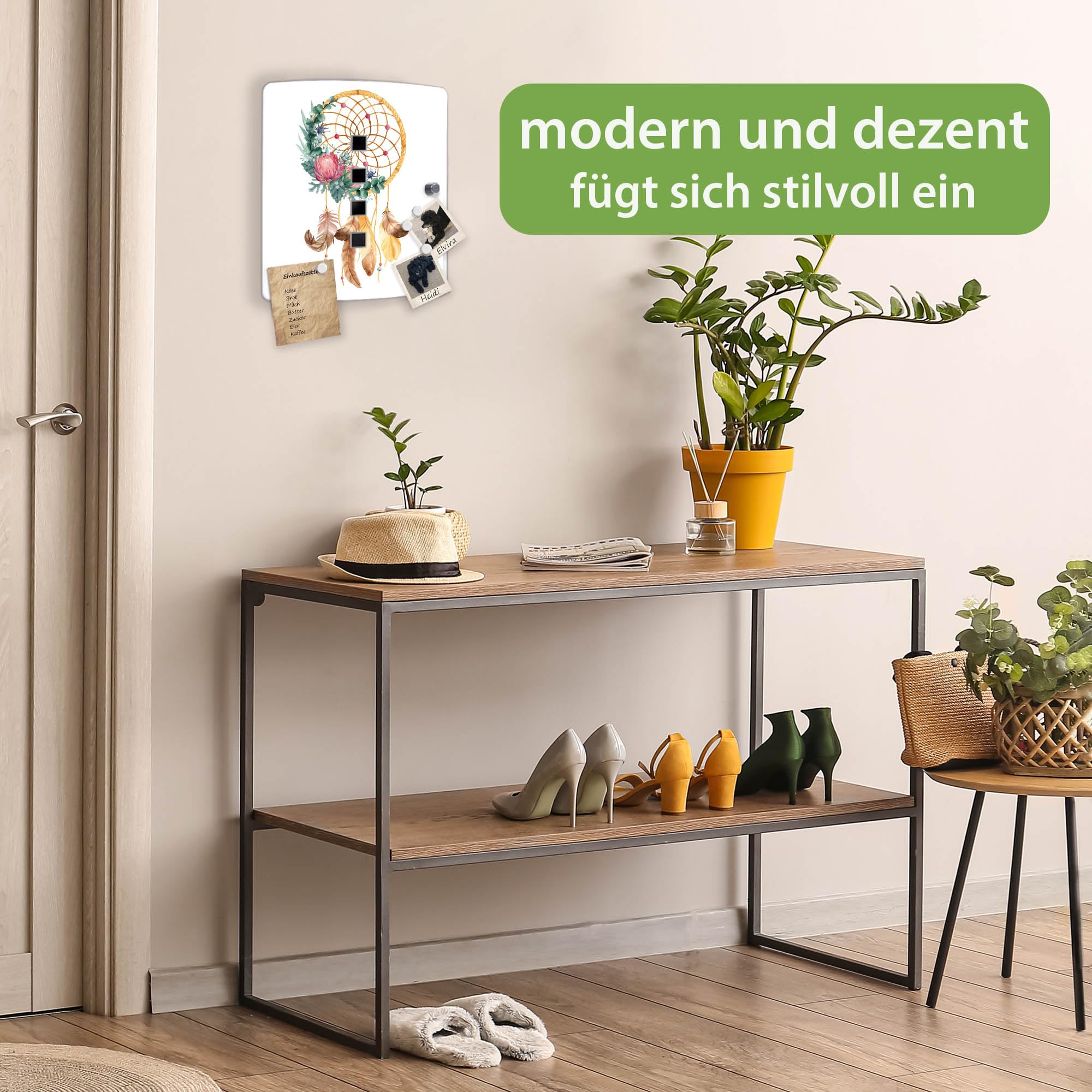 banjado Design Schlüsselkasten aus Edelstahl für 10 Schlüssel - Schlüsselschrank zur Schlüssel Aufbewahrung 24 x 21,5 x 7cm groß mit praktischem Magnetverschluss - Motiv Traumfänger Federn und Blumen