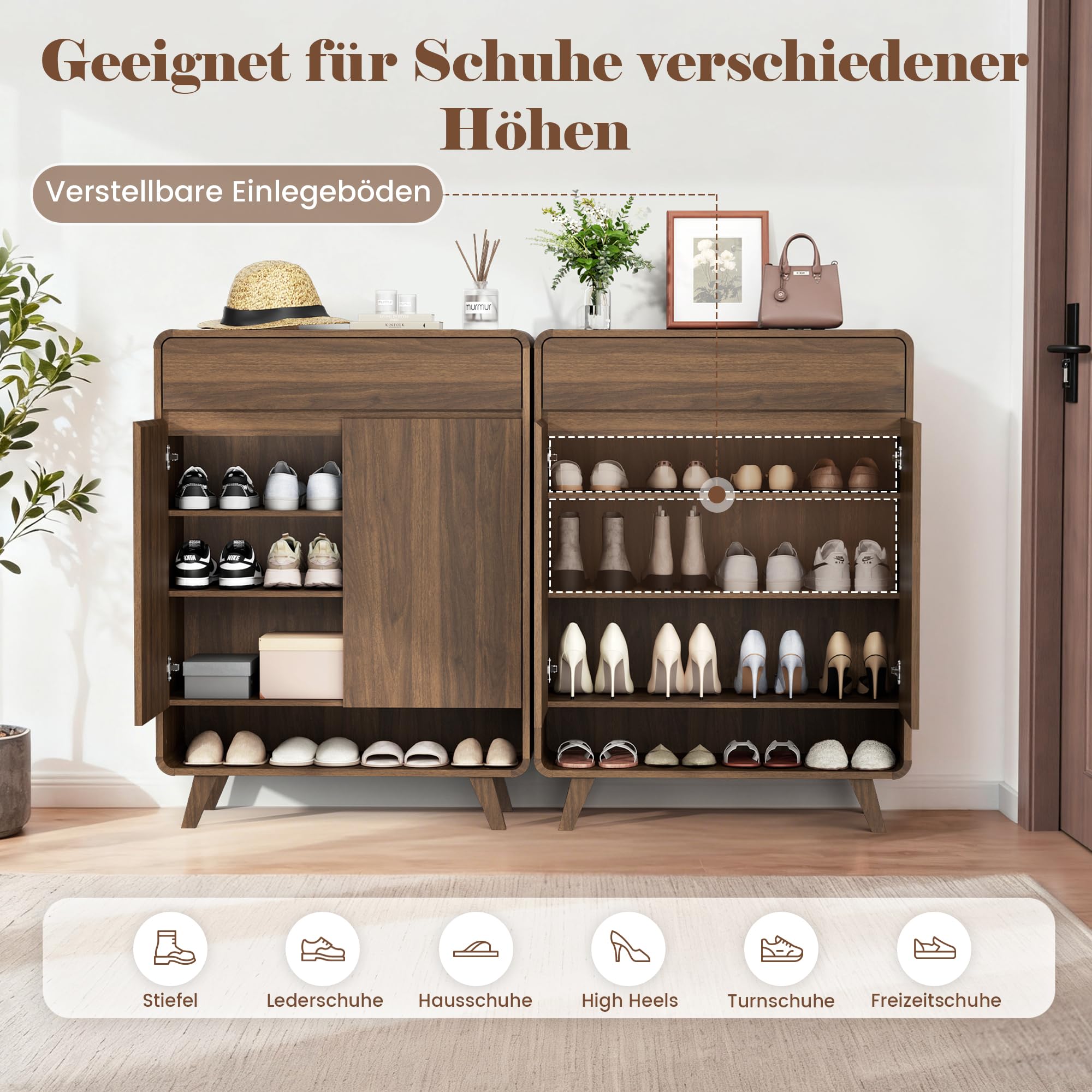 Pamapic Schuhschranks, Holz Schuhkommode mit 1 Schublade und 2 Türen, Schuhregal mit 4 Ebenen und Ablagen Regalen, Schmaler Schrank für Wohnzimmer, Flur, Schlafzimmer, 80 x 35 x 106,5 cm, Braun