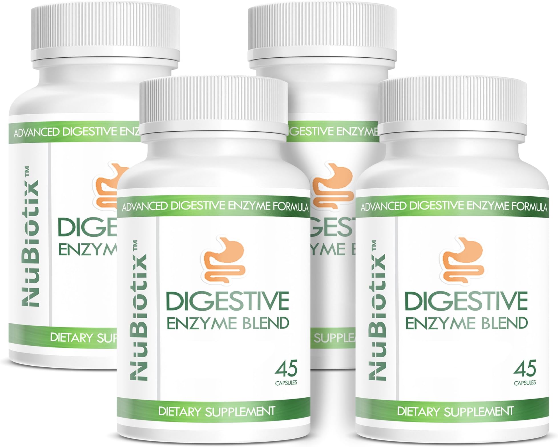 PREMIUM QUALITY - DIGESTIVE ENZYME BLEND | 4 BOTTLES | Dietary Supplement | 45 Capsules | NuBiotix