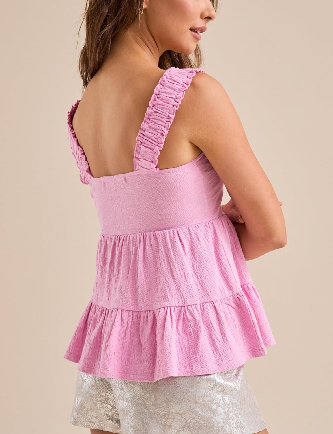 Esmeling Women Summer Tiered Tank Tops Square Neck Ruffled Strap Sleeveless Tops Flowy Hem Babydoll Blouse - Image 2