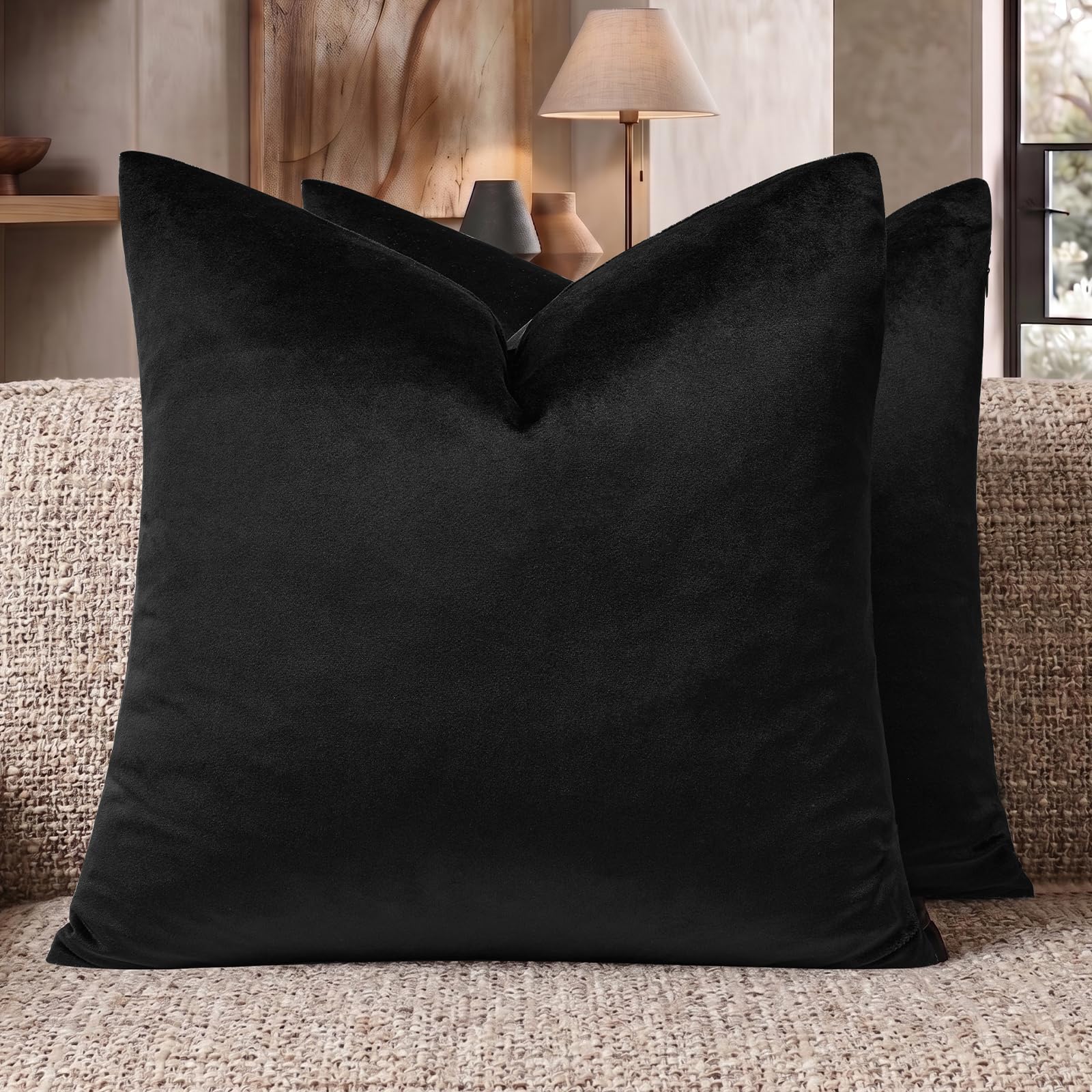 GIGIZAZA Decorative Throw Pillow Covers 16x16,Set of 2 Black Square Couch Pillow Covers,Velvet Sofa Boho Cushion Pillows