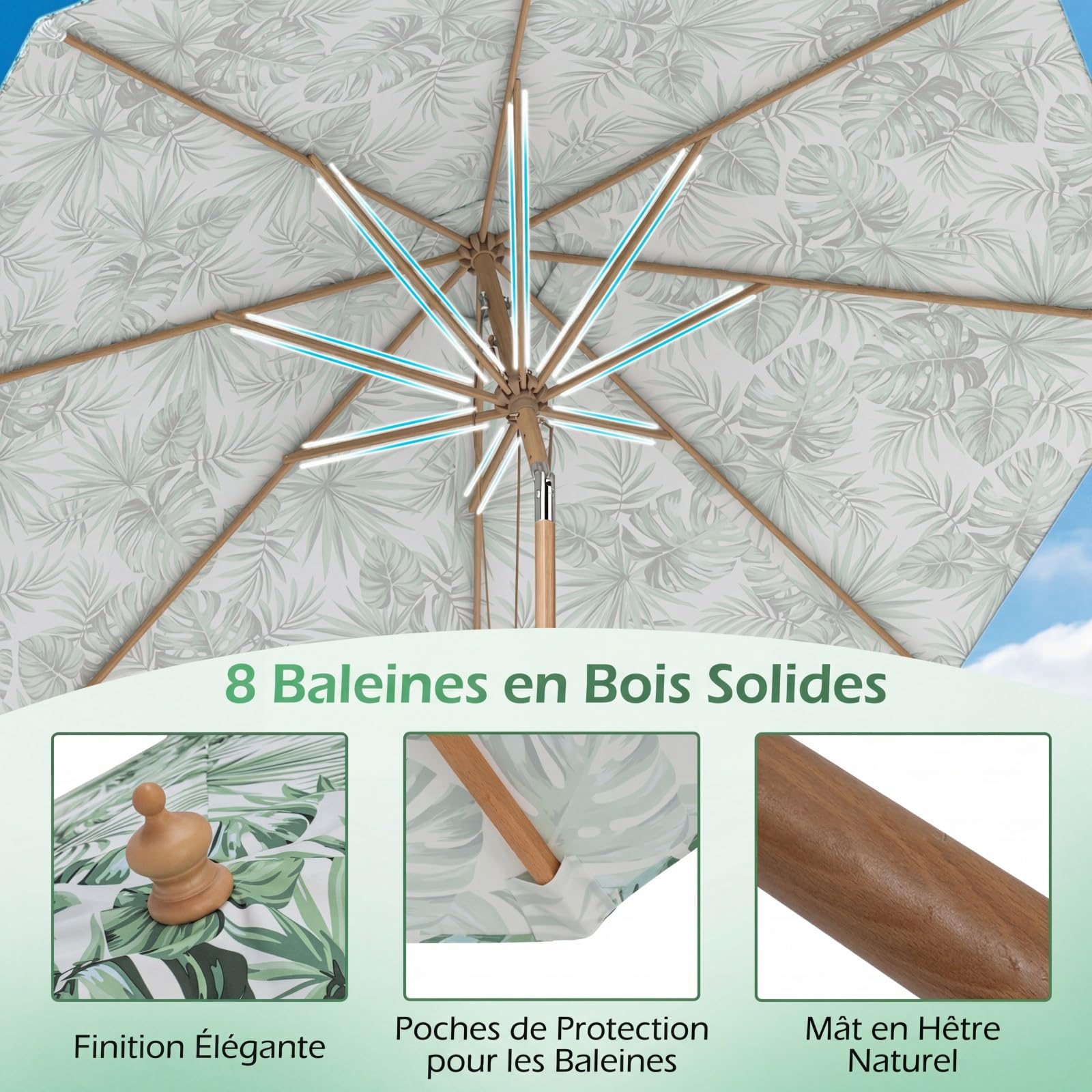 COSTWAY Parasol de Jardin Extérieur Φ270 CM, Parasol de Plage Inclinable sans Pied, 3 Hauteurs Réglables, 8 Baleines, Poteau en Bois, Toit Ventilé, pour Cour, Piscine, Terrasse, Balcon, Vert