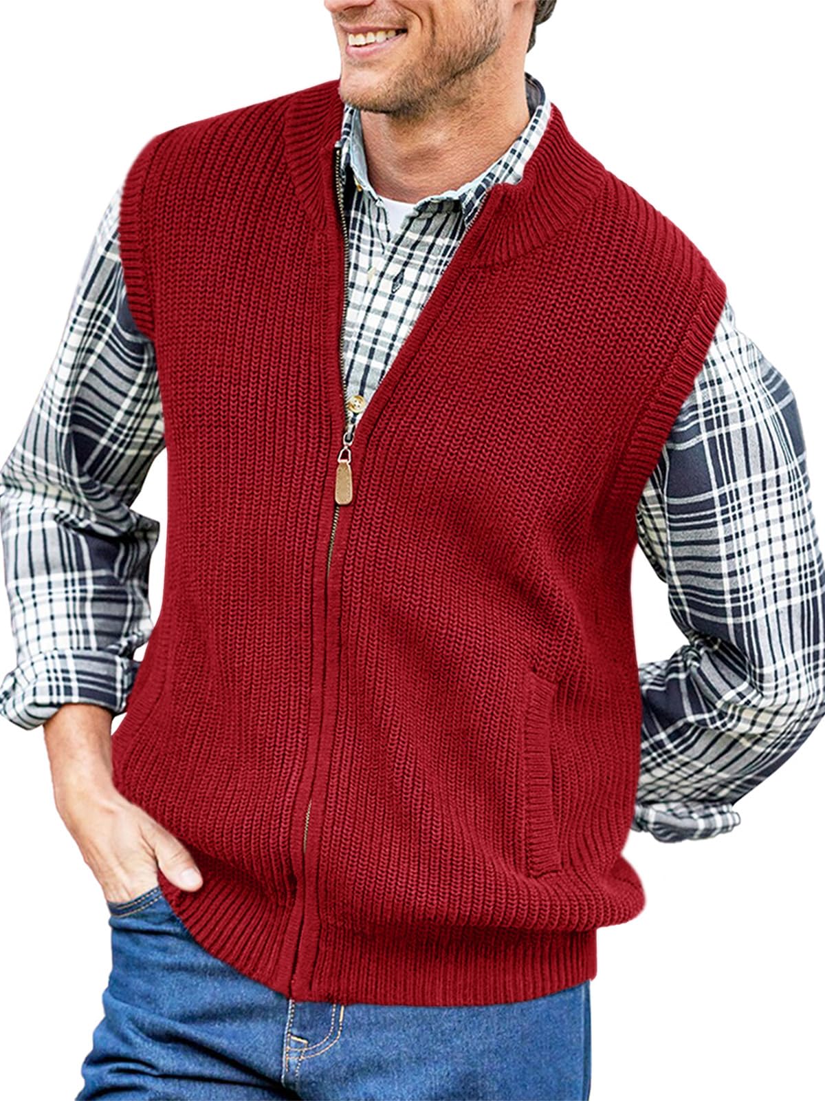 Ryannology Mens Full Zip Up Sweater Vest Knitted Cardigan Slim Fit Casual Warm Sleeveless Outerwear with 2 Pockets