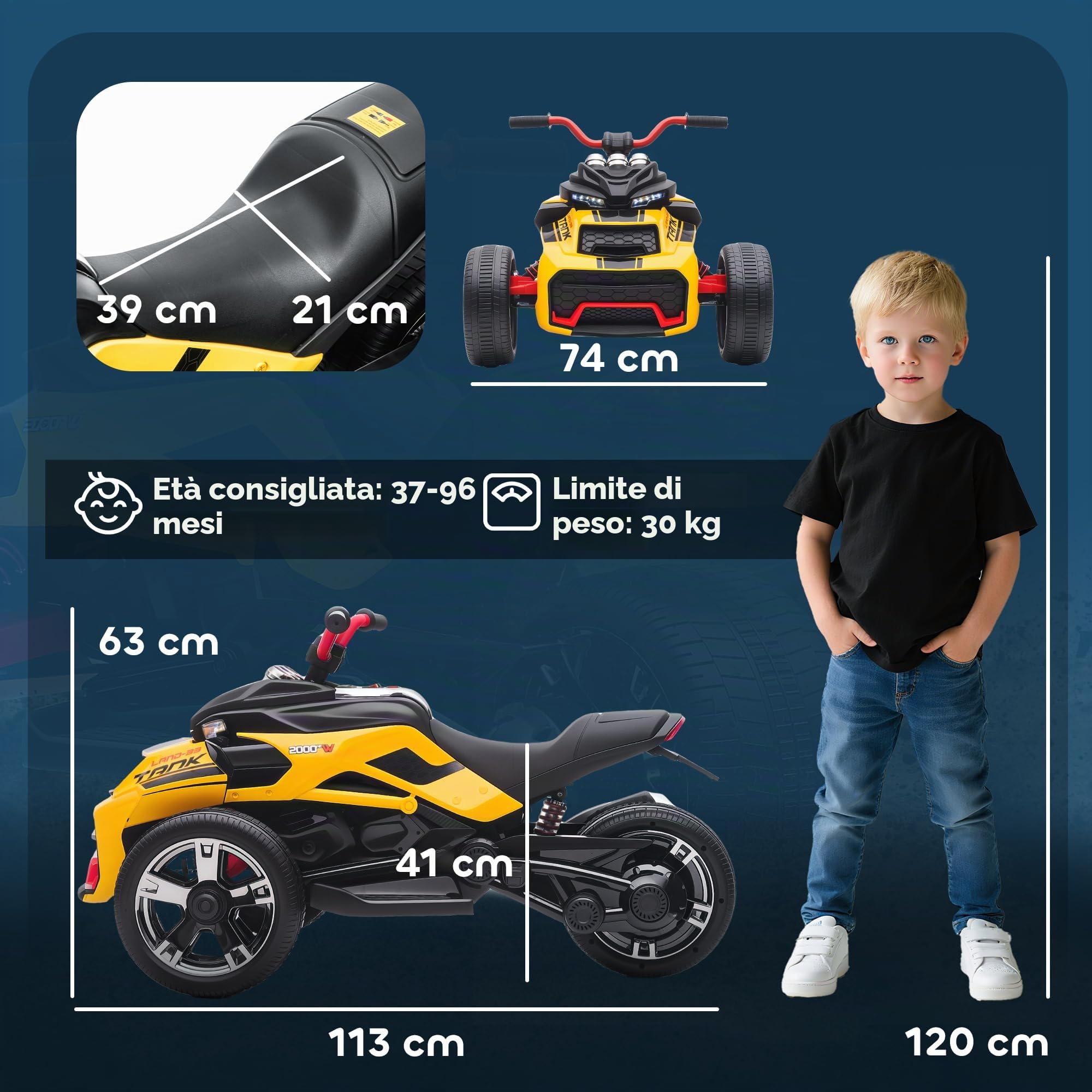 AIYAPLAY 12V Quad Elettrico per Bambini 3 Ruote 3-8 Anni Giallo | Avanti/indietro, lettore MP3, clacson, 2 velocità, luci LED, veicolo bambini 3-5 km/h.