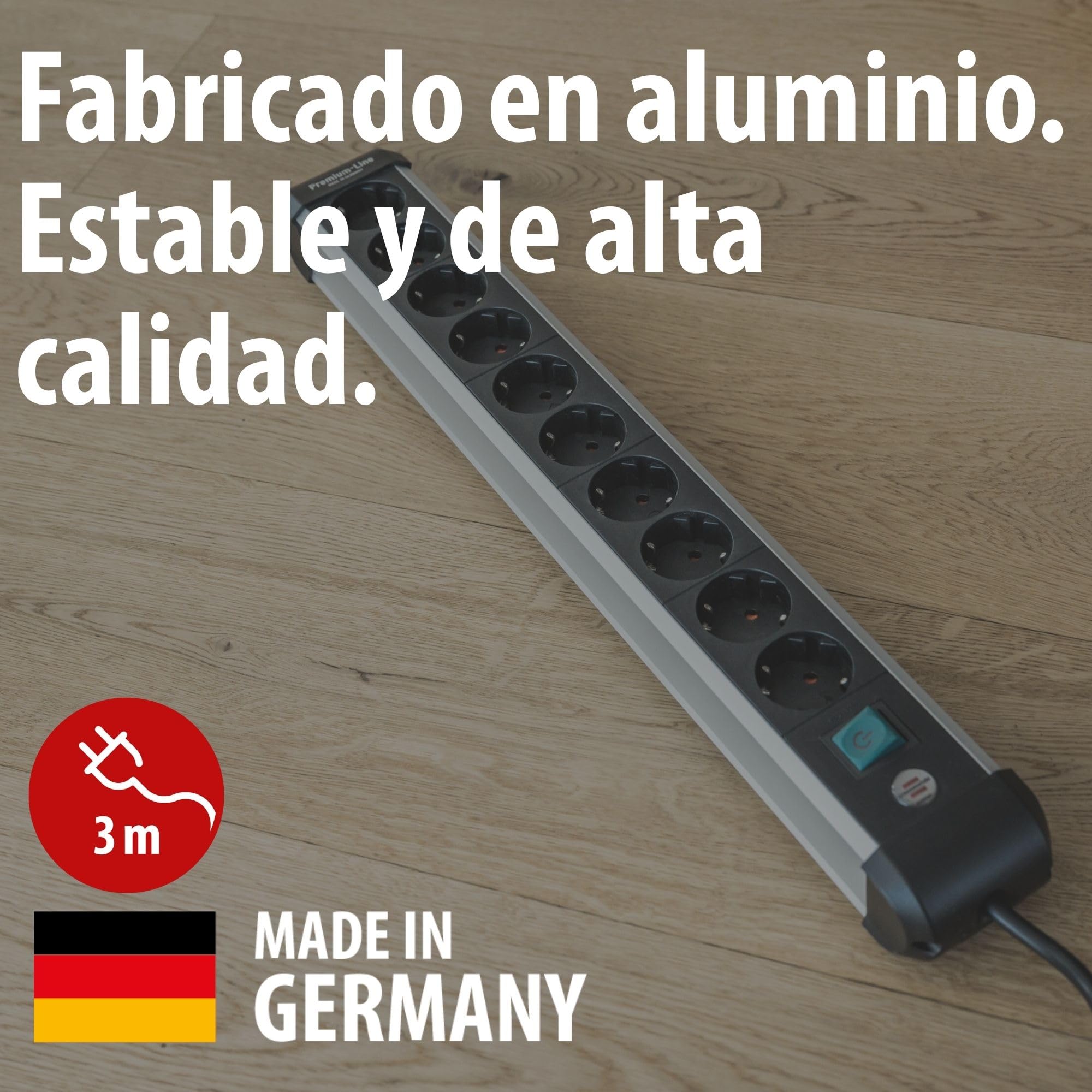 Brennenstuhl Premium-ALU-Line regleta enchufes de 10 Tomas/regleta de Aluminio (Enchufe múltiple con Interruptor, Cable de 3 m, Fabricado en Alemania)