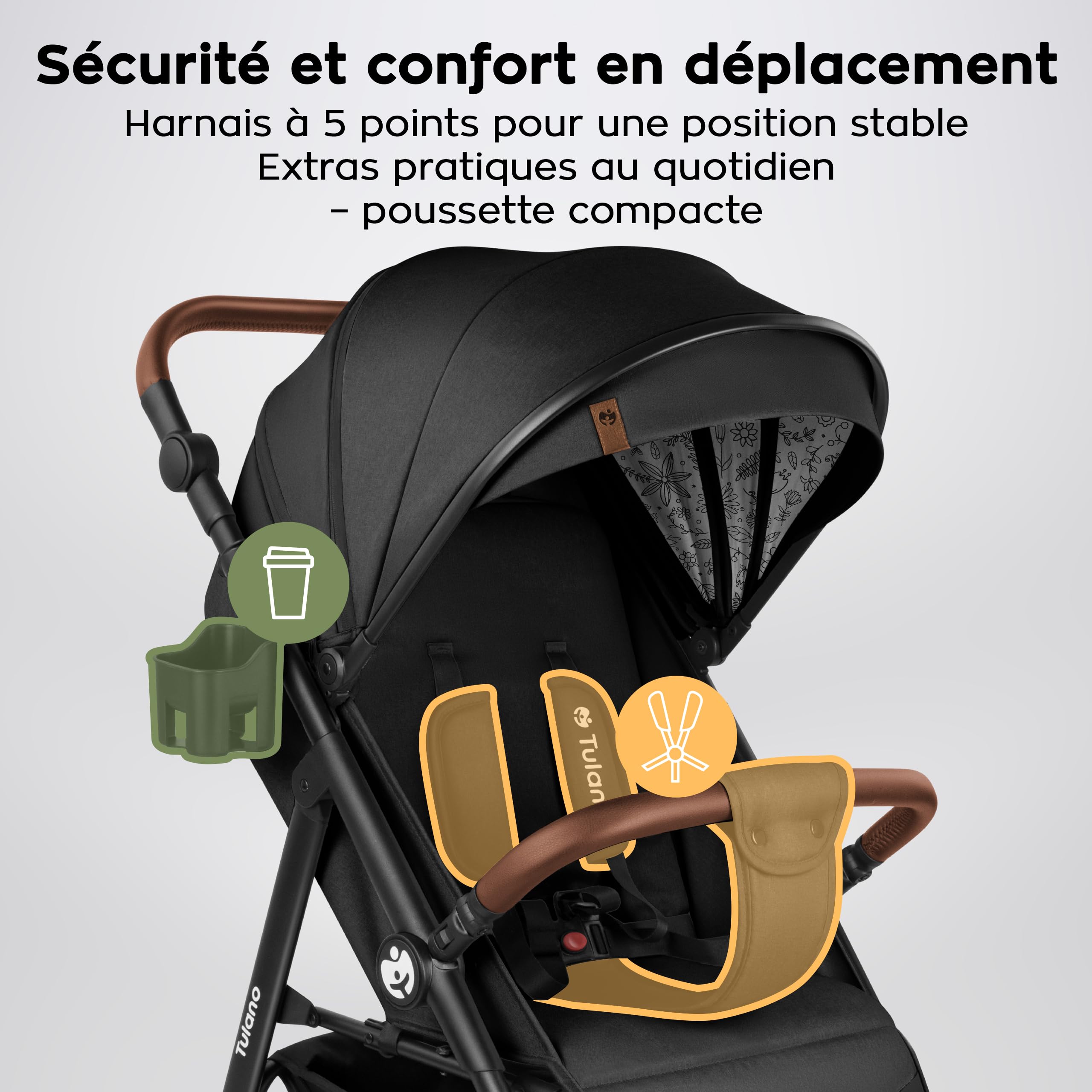 TULANO AVIGNON 35 Poussette Canne & compacte - poussette bebe & voyage & citadine - Dossier inclinable, Repose-Pieds et Guidon Réglables - Jusqu'à 22 kg (3 ans) - Noir